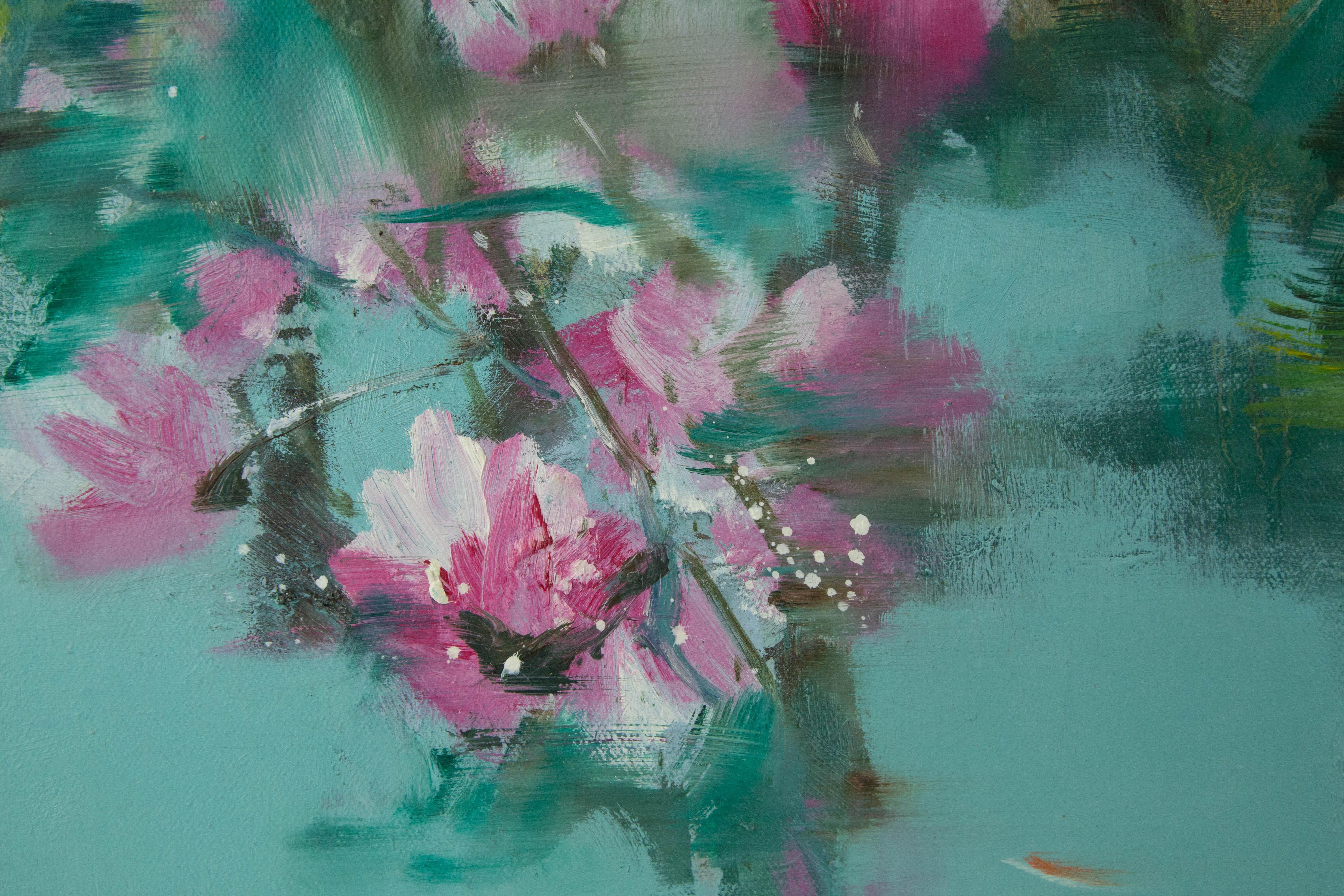 Guojun Zhang Óleo original floral sobre lienzo 