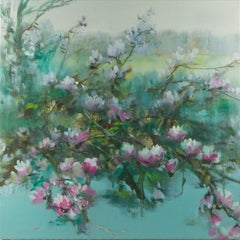 Guojun Zhang Óleo original floral sobre lienzo "Estanque en flor"