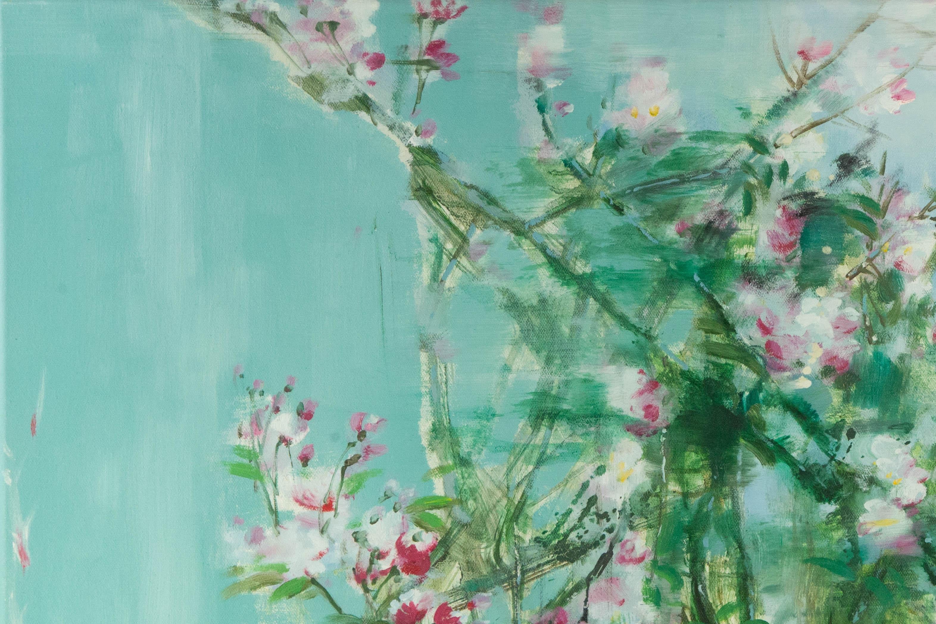 Guojun Zhang Blumen-Cluster, Original, Öl auf Leinwand, „Blumen-Cluster in Blau, Medium“, Original im Angebot 1