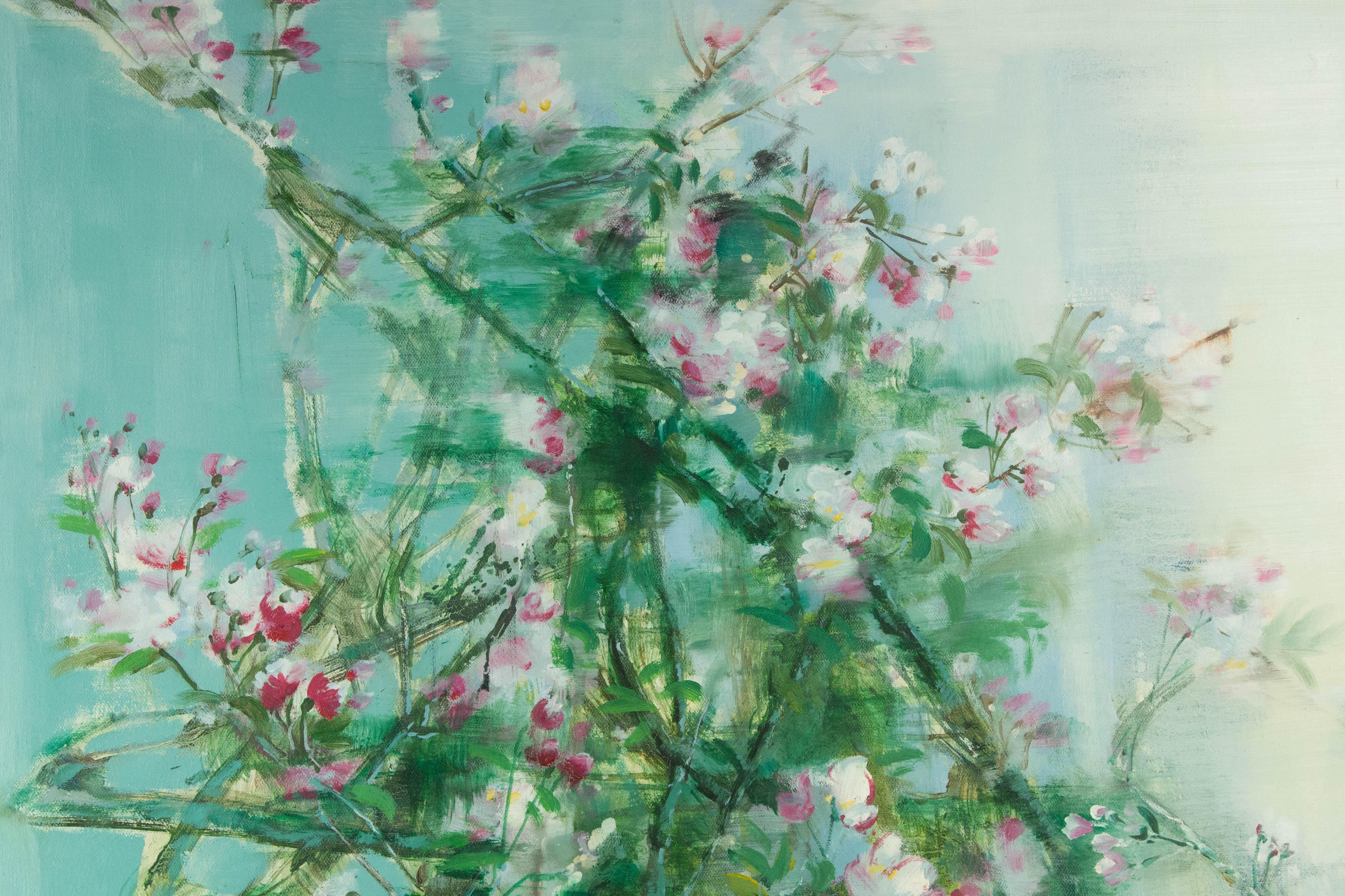 Guojun Zhang Blumen-Cluster, Original, Öl auf Leinwand, „Blumen-Cluster in Blau, Medium“, Original im Angebot 3