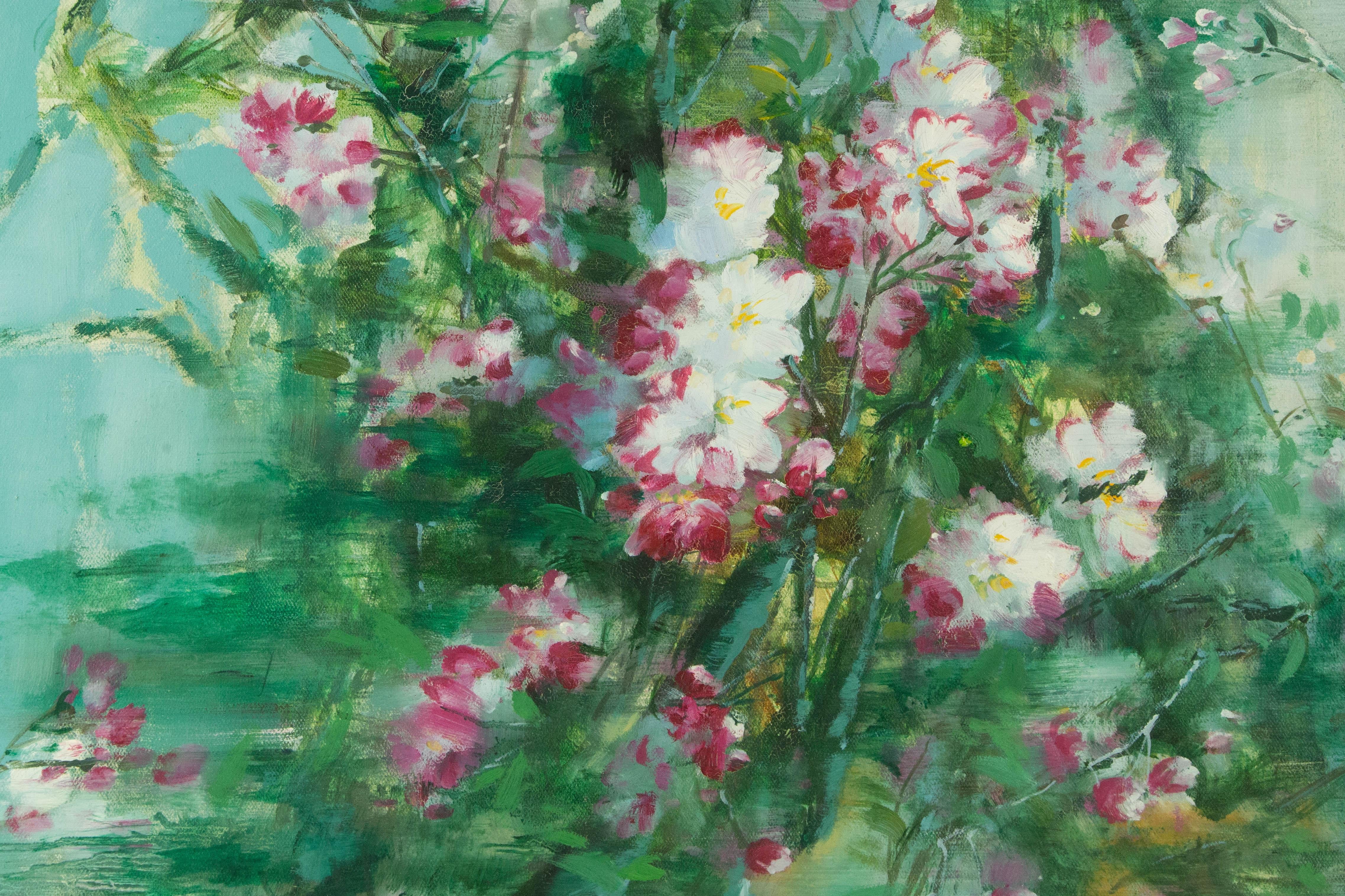 Guojun Zhang Blumen-Cluster, Original, Öl auf Leinwand, „Blumen-Cluster in Blau, Medium“, Original im Angebot 4