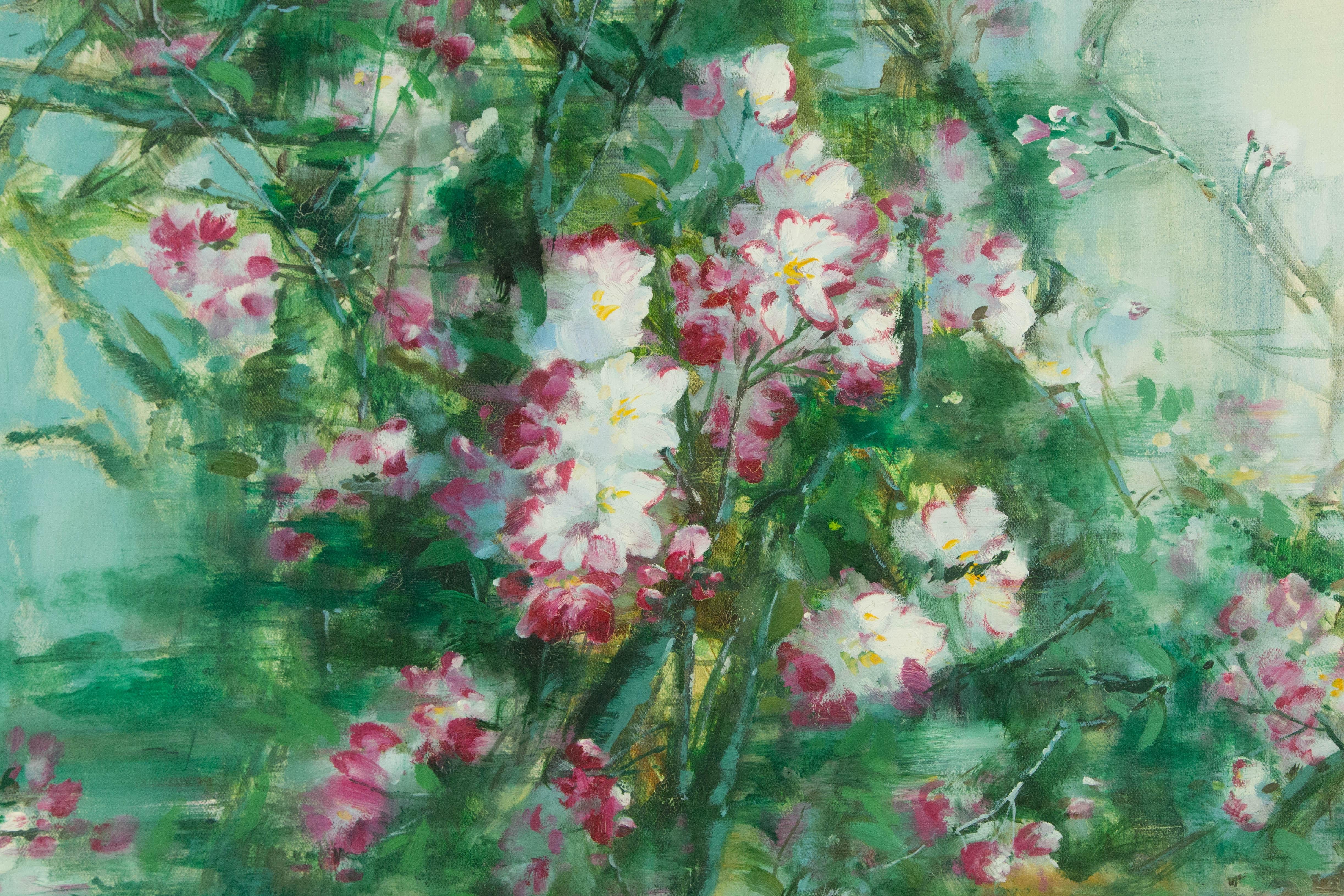 Guojun Zhang Blumen-Cluster, Original, Öl auf Leinwand, „Blumen-Cluster in Blau, Medium“, Original im Angebot 6