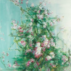 Olio originale su tela di Zhang Guojun "Grappolo di fiori blu medio".