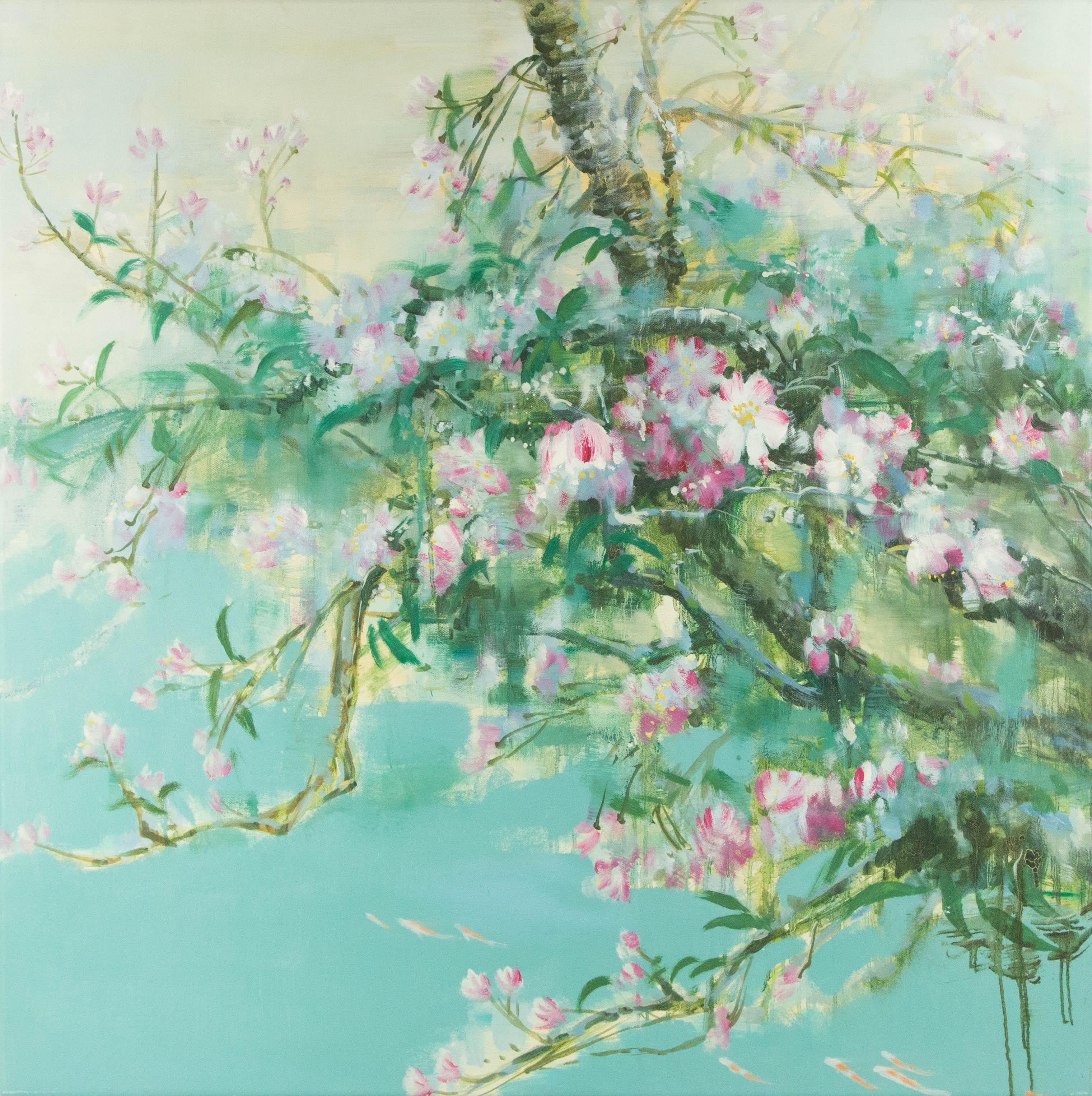  Title: Flower Scenery
 Medium: Oil on canvas
 Size: 38 x 38 inches
 Frame: Framing options available!
 Condition: The painting appears to be in excellent condition.
 
 Year: 2000 Circa
 Artist: Guojun Zhang
 Signature: Unsigned
 Signature Location: