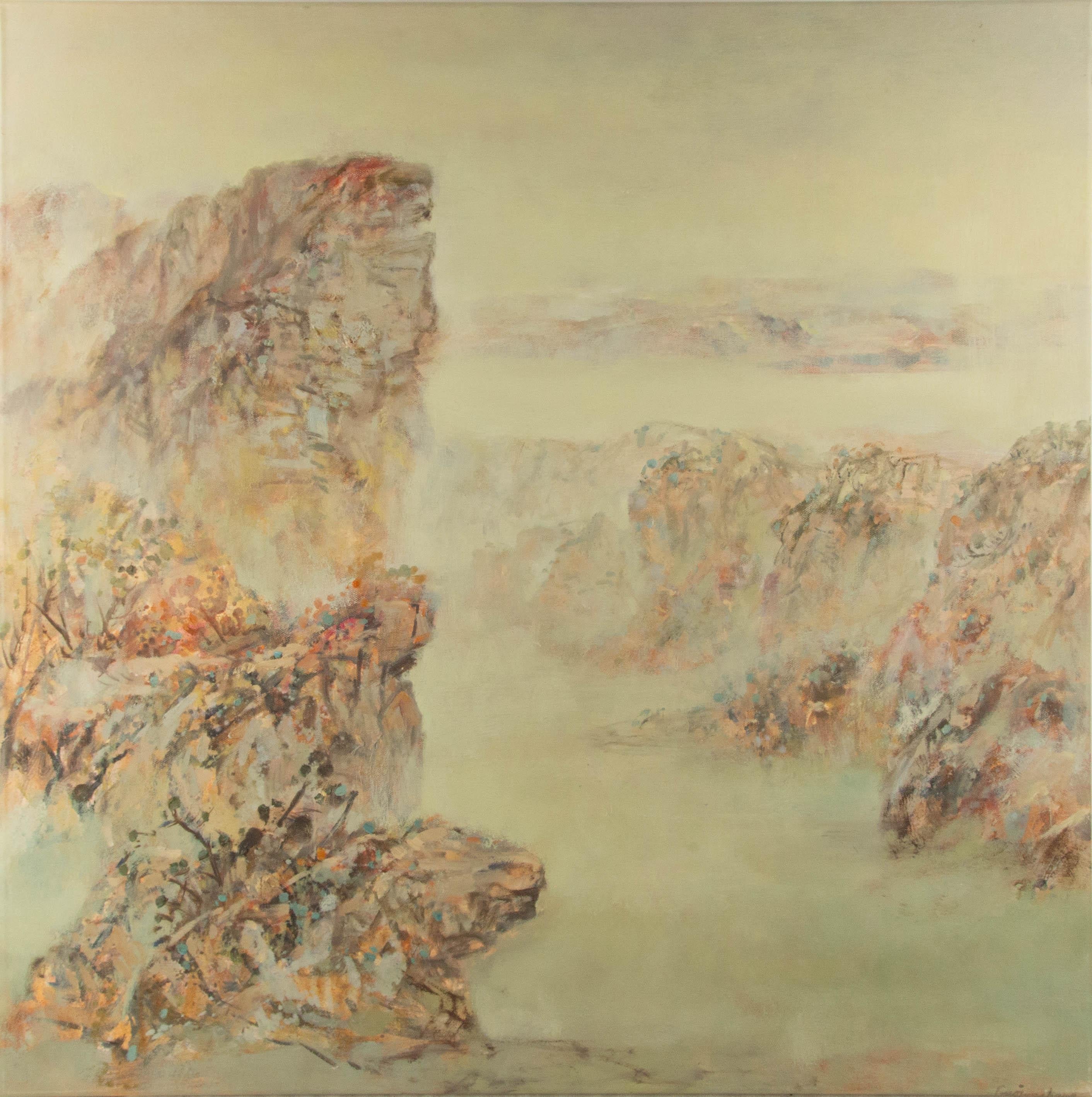  Título: Cima de la montaña nebulosa
 Técnica: Óleo sobre lienzo
 Tamaño: 37 x 37 pulgadas
 Marco: Opciones de enmarcado disponibles
 Estado de conservación: El cuadro parece estar en excelentes condiciones.
 
 Año: 2000 Circa
 Artista: Guojun