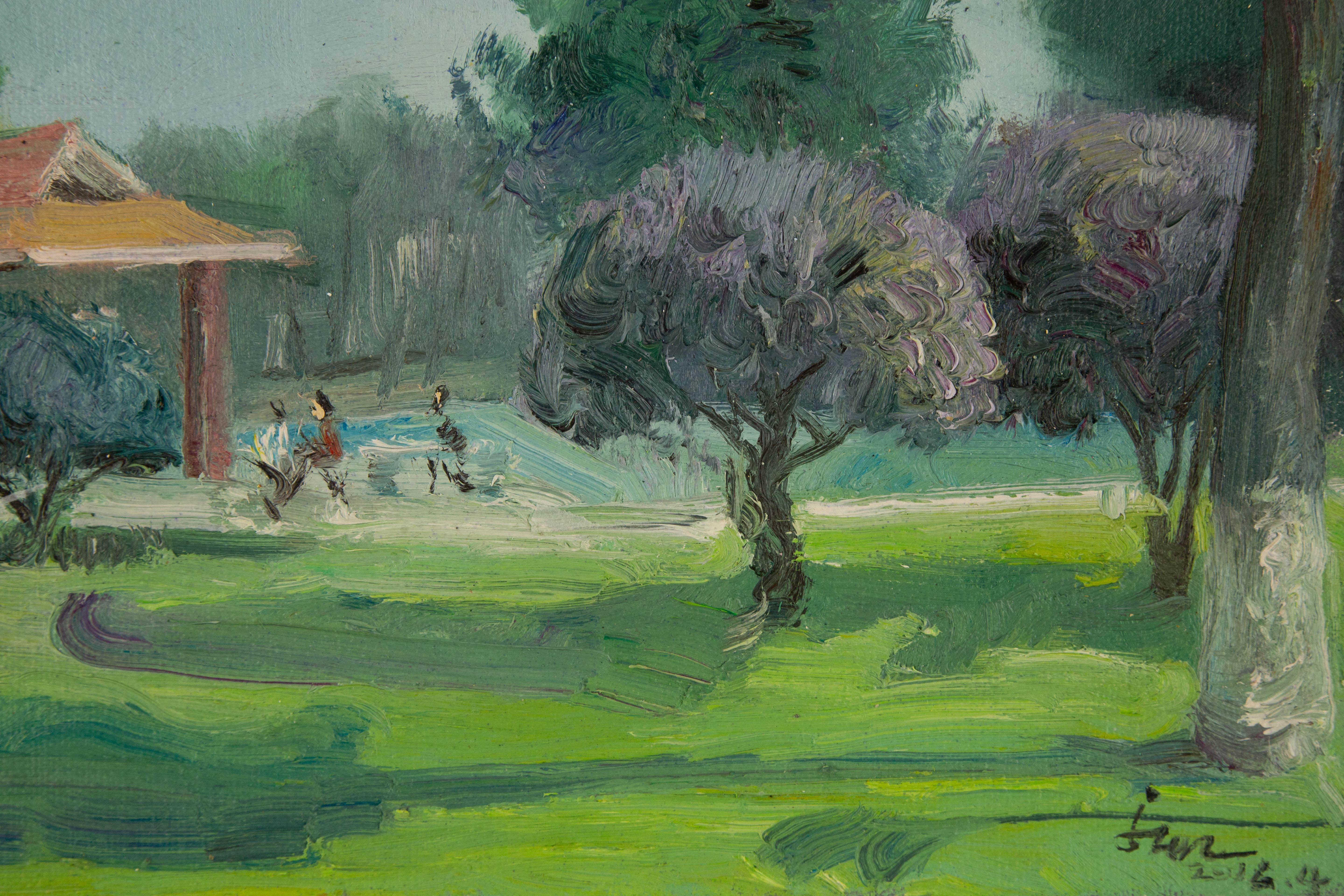 Huile impressionniste originale sur toile « A Corner Of The Park II » de Guoqiang Ning en vente 4