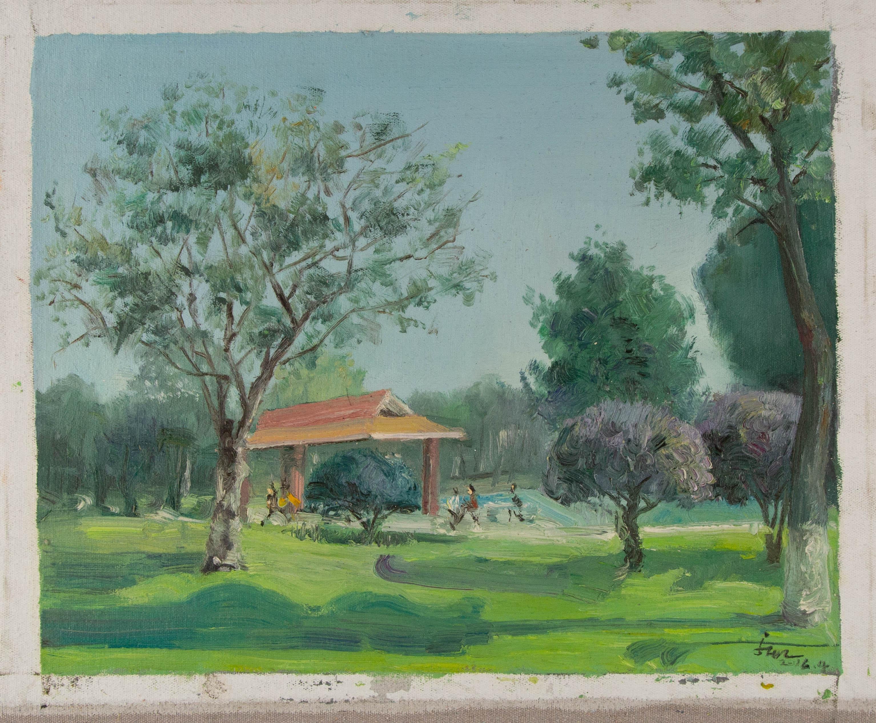 Huile impressionniste originale sur toile « A Corner Of The Park II » de Guoqiang Ning en vente 7