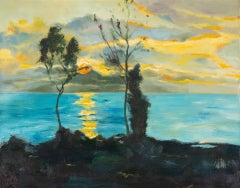 Huile sur toile impressionniste originale de Guoqiang Ning « Le coucher du soleil ».