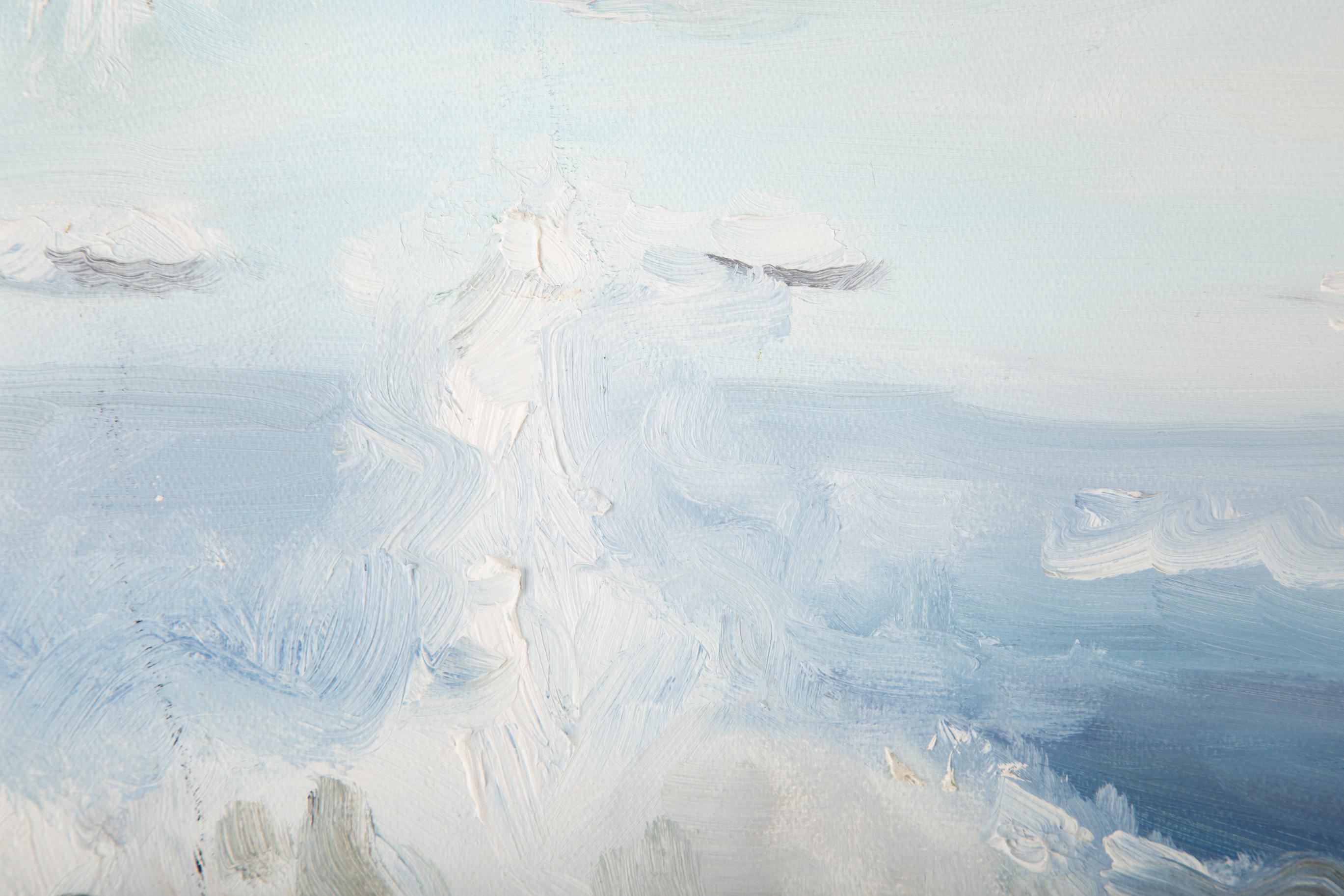 Title: Above The Clouds
 Medium: Oil on canvas
 Size: 19.5 x 23.5 inches
 Frame: Framing options available!
 Condition: The painting appears to be in excellent condition.
 
 Year: 2000 Circa
 Artist: GuoQiang Ning
 Signature: Unsigned
 Signature