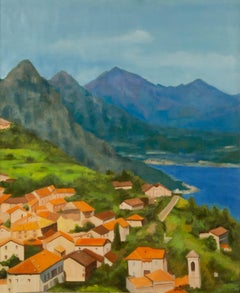 Guoqiang Ning Paysage Peinture à l'huile originale "Seaside Townes" (Ville au bord de la mer)