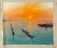 Guoqiang Ning Paesaggio acquatico originale Olio su tela "Barche da pesca al tramonto"