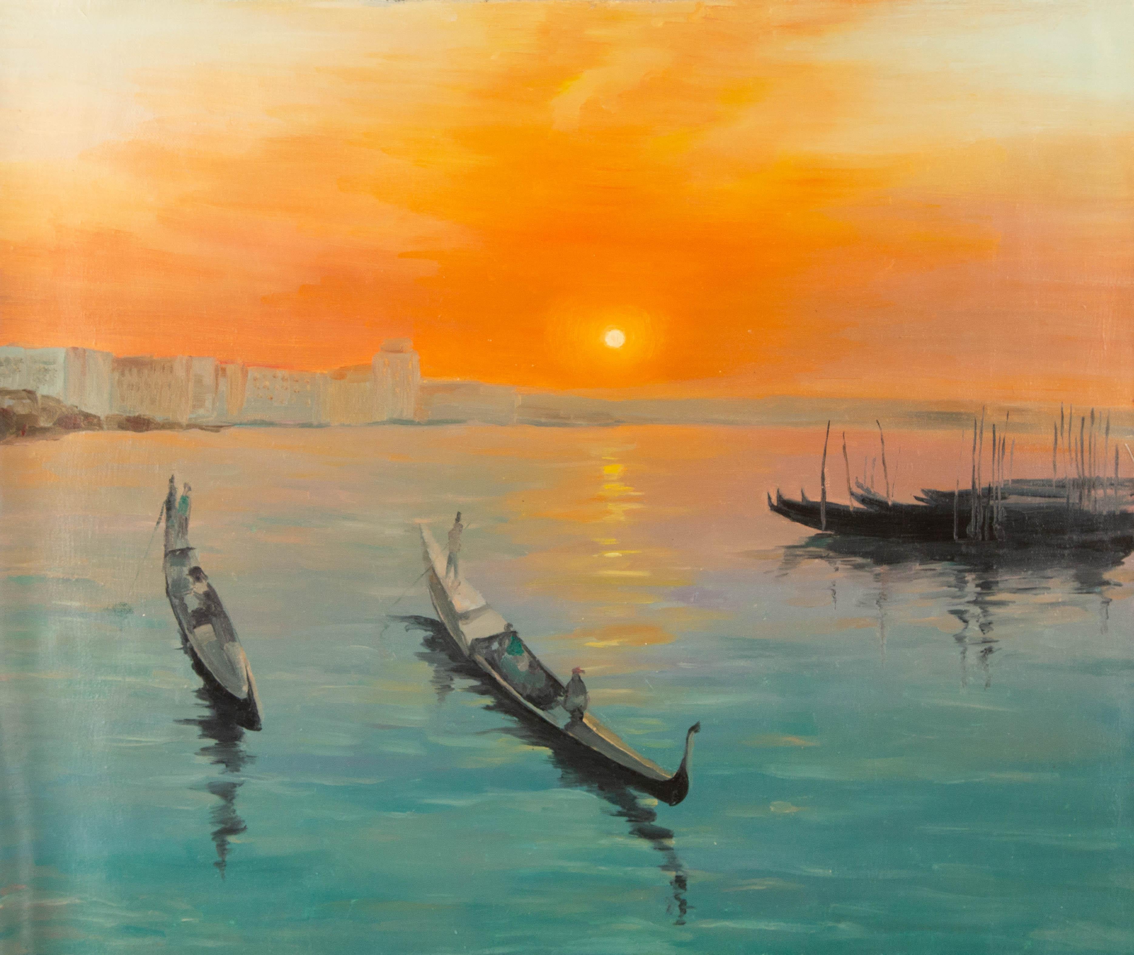  Title: Fishing Boats at Sunset
 Medium: Oil on canvas
 Size: 19.5 x 23.5 inches
 Frame: Framing options available!
 Condition: The painting appears to be in excellent condition.
 Note: This painting is unstretched, shipped rolled unless