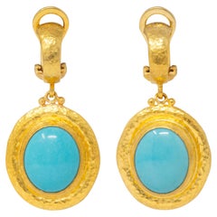 Gurhan 2000's Turquoise 22 Karat Yellow Gold Hammered Gemstone Drop Earrings