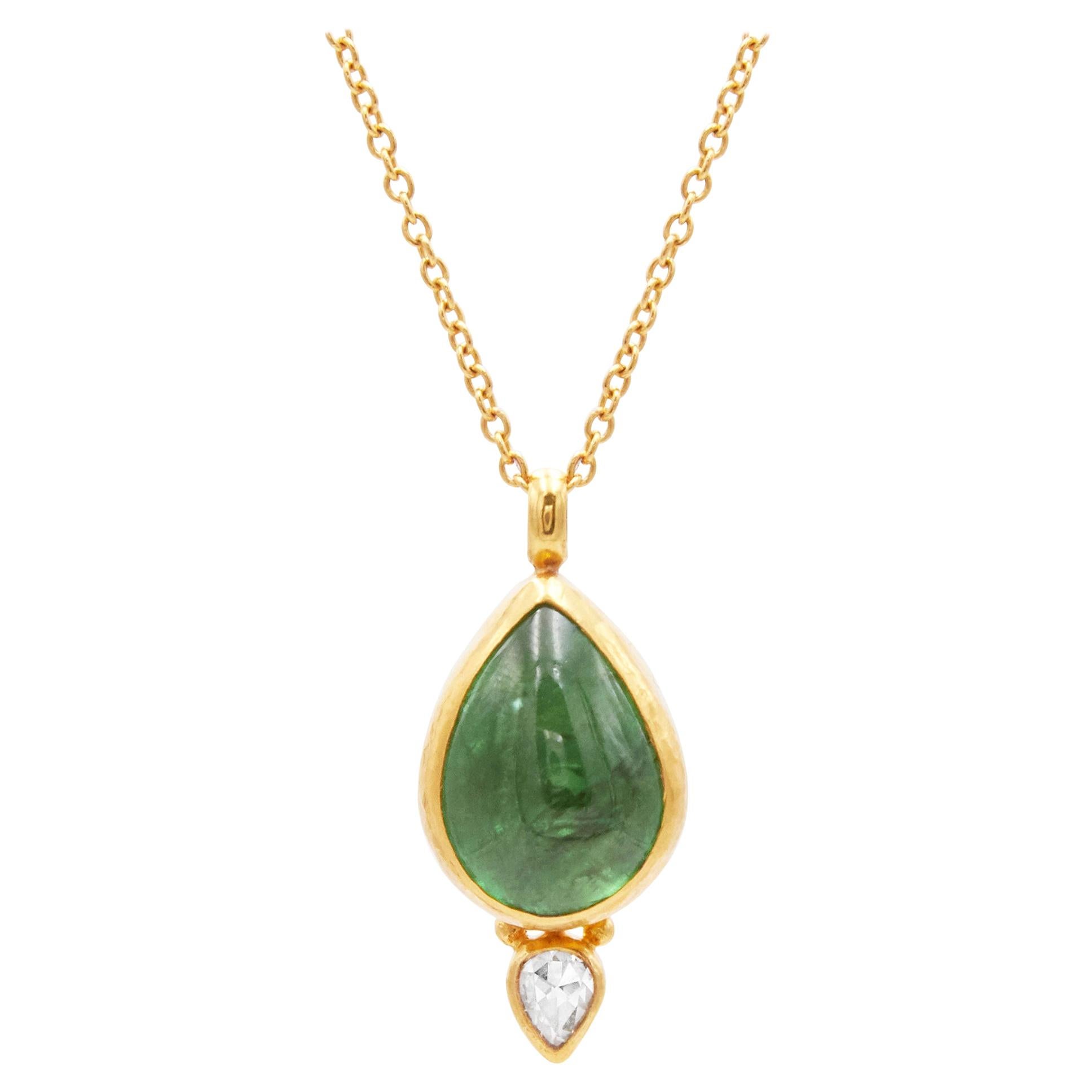 GURHAN 22-24 Karat Hammered Yellow Gold and Tsavorite Diamond Pendant Necklace For Sale