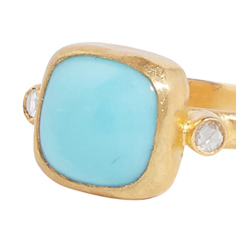 GURHAN one-of-a-kind ring set in 24 Karat hammered yellow gold featuring a 10mm cushion cabochon Chilean Turquoise, 0.83gr., with (2) rosecut white diamonds, 0.06cts. Bezel setting with 2.80mm 22 Karat hammered yellow gold shank, size 7.