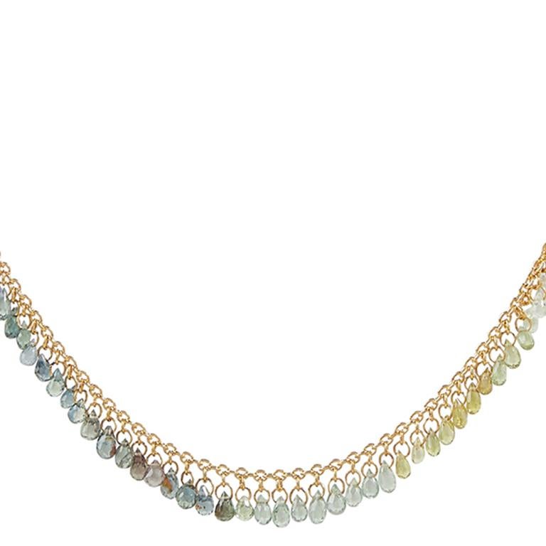 GURHAN one-of-a-kind Delicate Dew necklace in 22 Karat yellow gold featuring 144 mixed sized and mixed colored fancy sapphire briolettes, 26cts., with Platinum jump rings, 1.44gr. 16-18