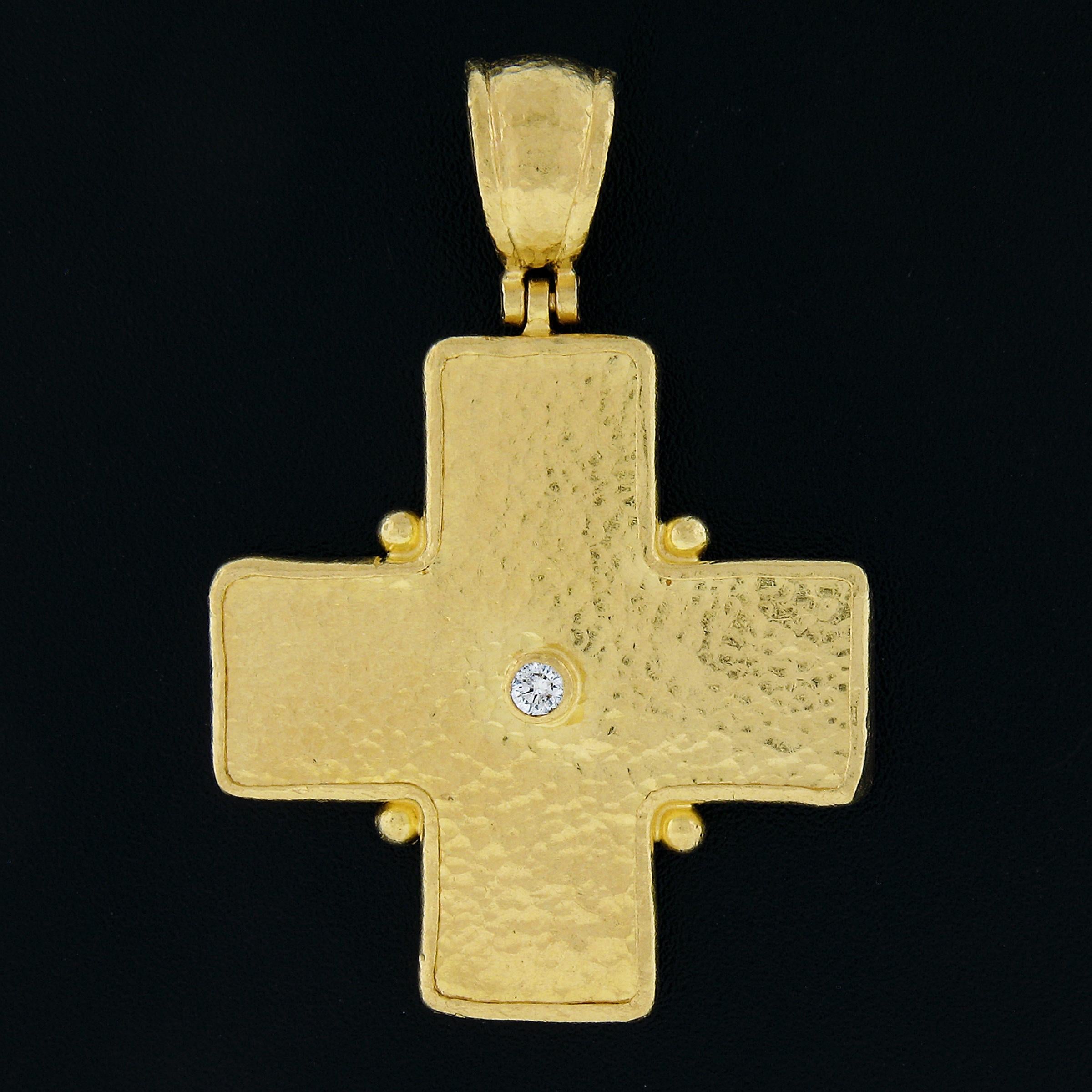 Women's Gurhan 23k Yellow Gold Bezel Diamond Large Hammered Finish Cross Charm Pendant For Sale