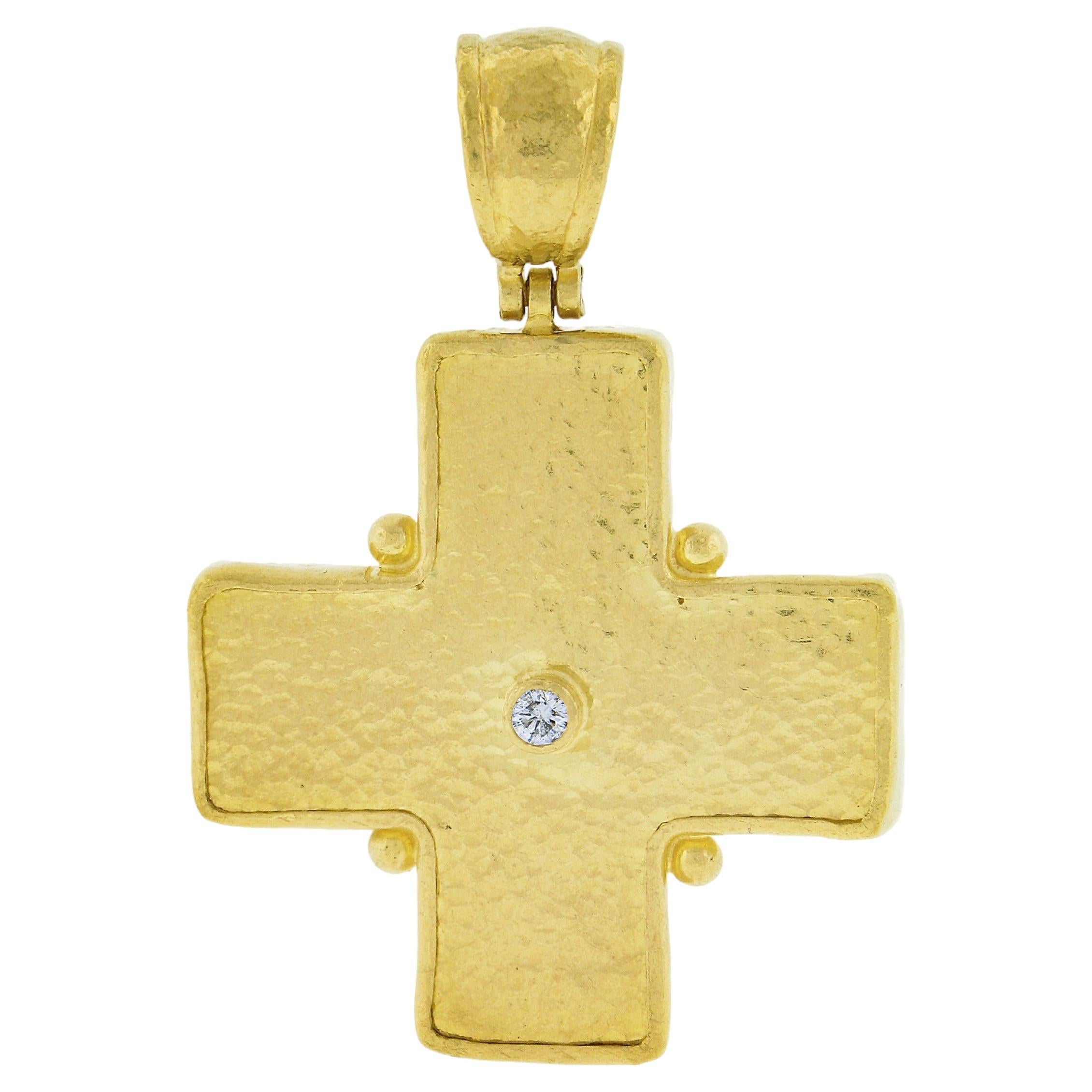 Gurhan 23k Yellow Gold Bezel Diamond Large Hammered Finish Cross Charm Pendant For Sale