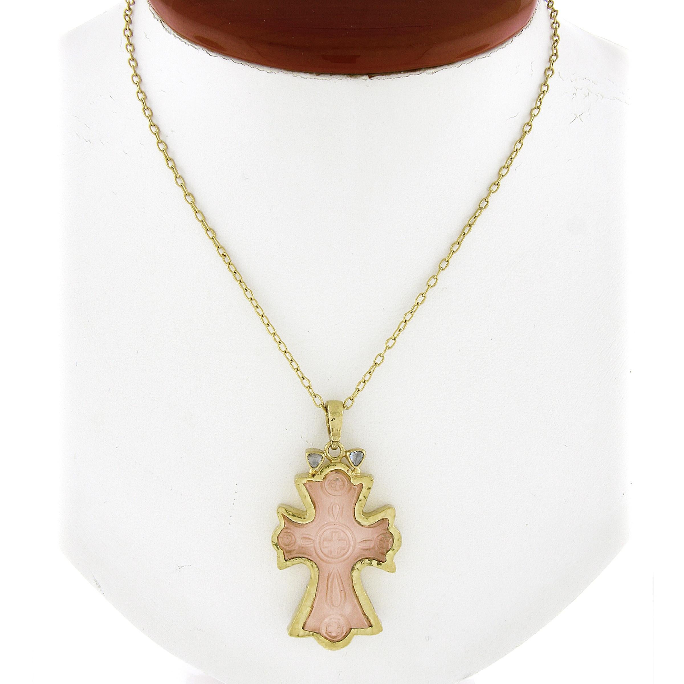 --Stone(s):--
(1) Natural Genuine Carved Rose Quartz- Cross Shape - Bezel Set - Light Pink Color 
(2) Natural Genuine Diamond - Rose Cut - Bezel Set 

Material: 23.76K - .990 Solid Yellow Gold 
Weight: 18.12 Grams
Chain Type: 1.2mm Cable Link
