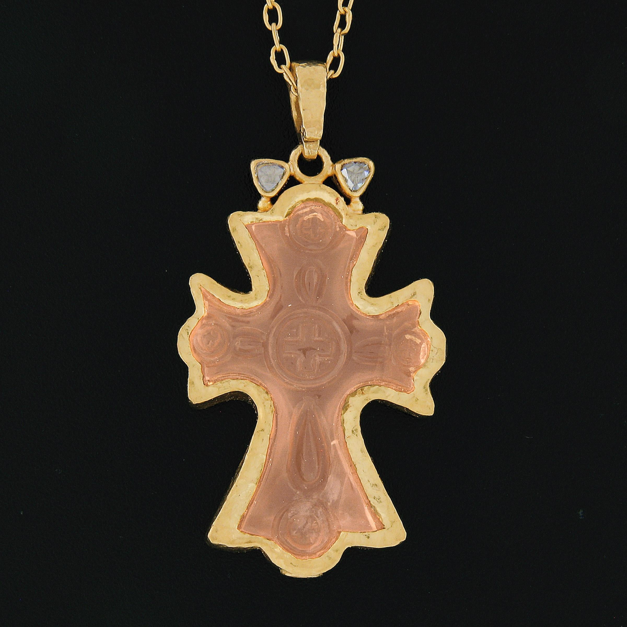 Rose Cut Gurhan 23K Yellow Gold Carved Rose Quartz & Diamond Cross Pendant w/ Cable Chain For Sale