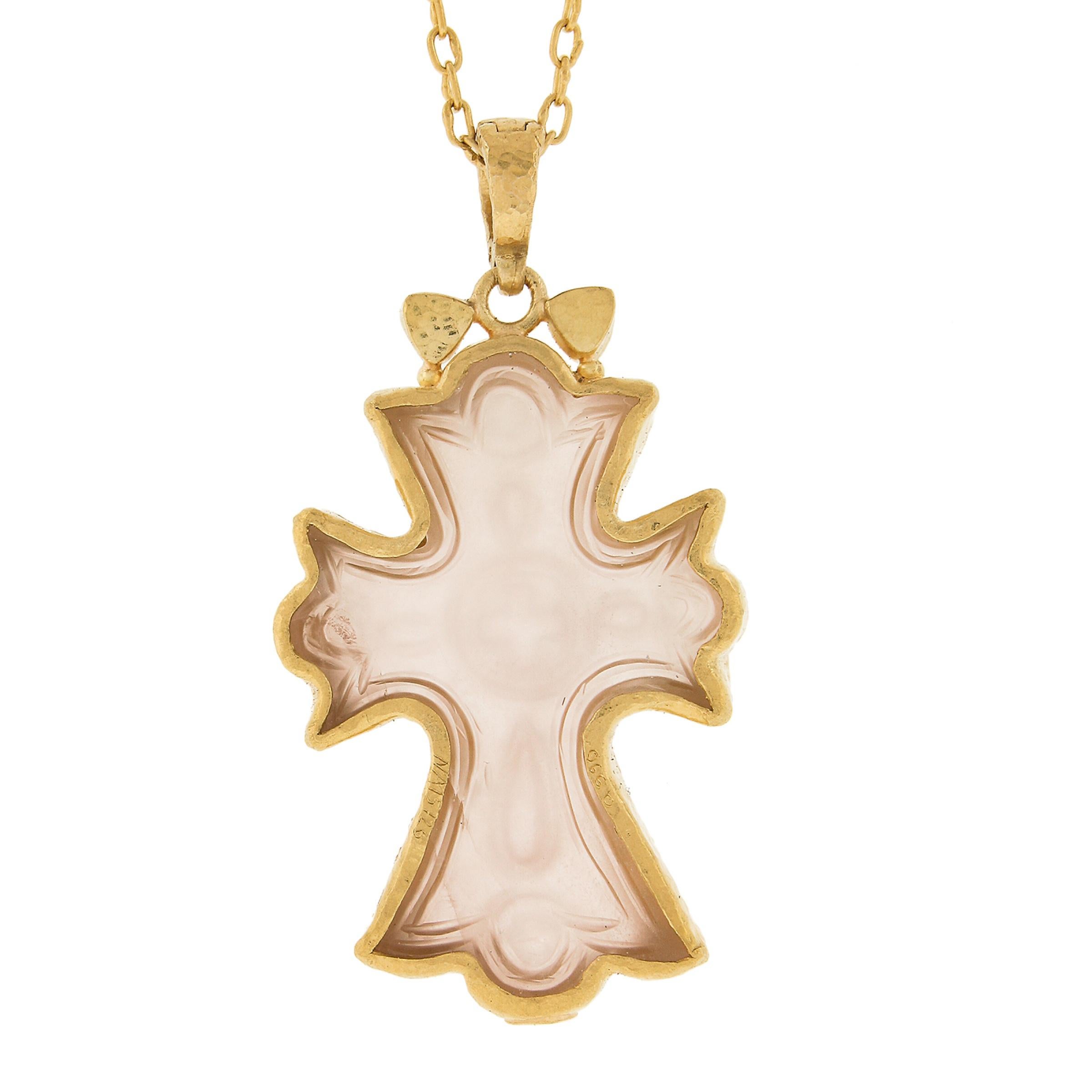 Gurhan 23K Yellow Gold Carved Rose Quartz & Diamond Cross Pendant w/ Cable Chain For Sale 1