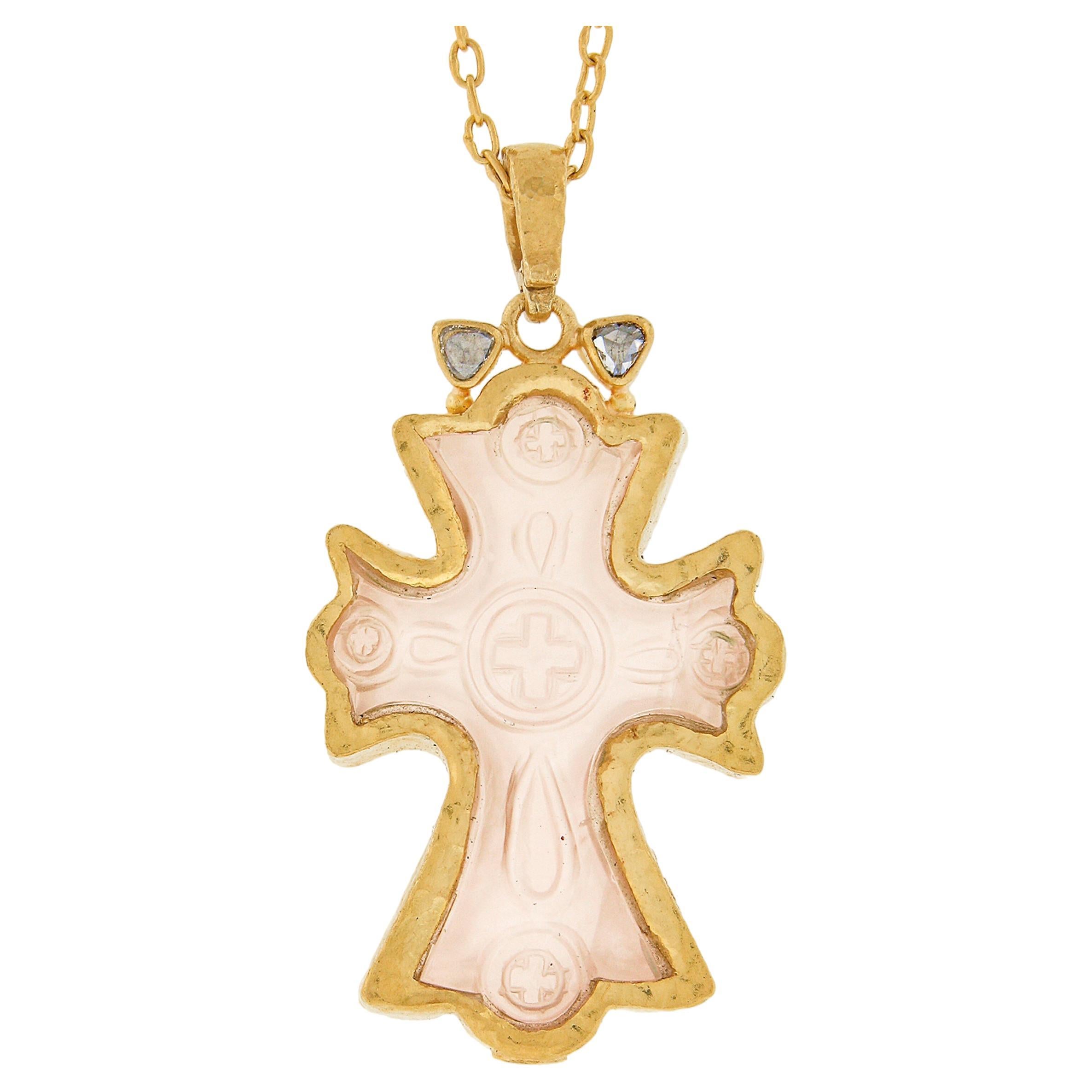 Gurhan 23K Yellow Gold Carved Rose Quartz & Diamond Cross Pendant w/ Cable Chain For Sale
