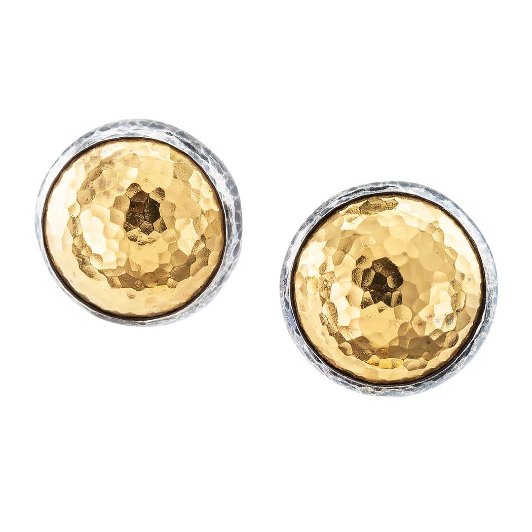 Gurhan silver and gold round stud earrings.

DETAILS:
METAL:  24-karat yellow gold and sterling silver
WEIGHT:  11.8 grams.
EARRING BACKS:  gold posts with large sterling silver push backs.
HALLMARKS:  signed Gurhan on the backs and friction backs