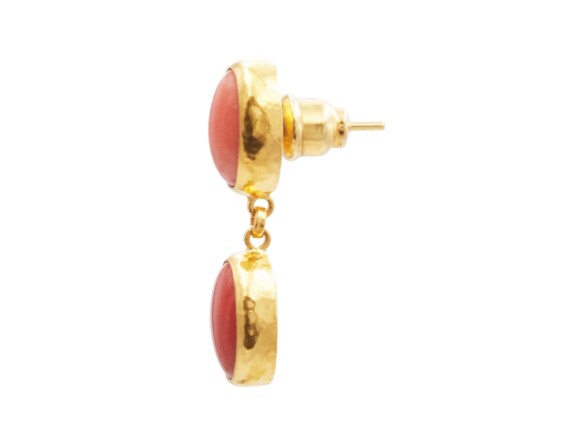 GURHAN one-of-a-kind double drop earrings set in 24 Karat hammered yellow gold featuring (4) 11x9mm oval cabochon Corals, 12.35cts. 1.30