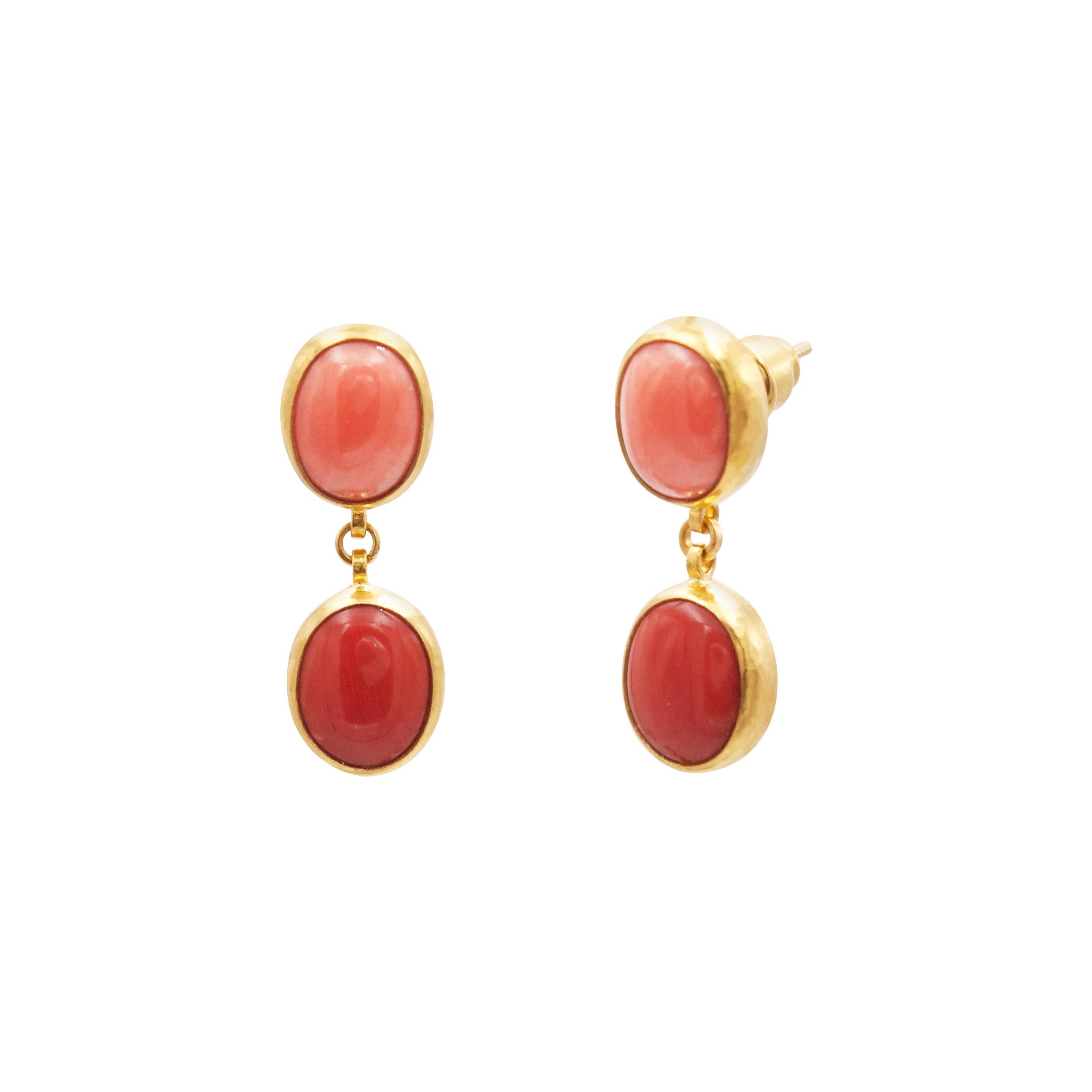 GURHAN 24 Karat Hammered Yellow Gold and Coral Double Drop Earrings For Sale