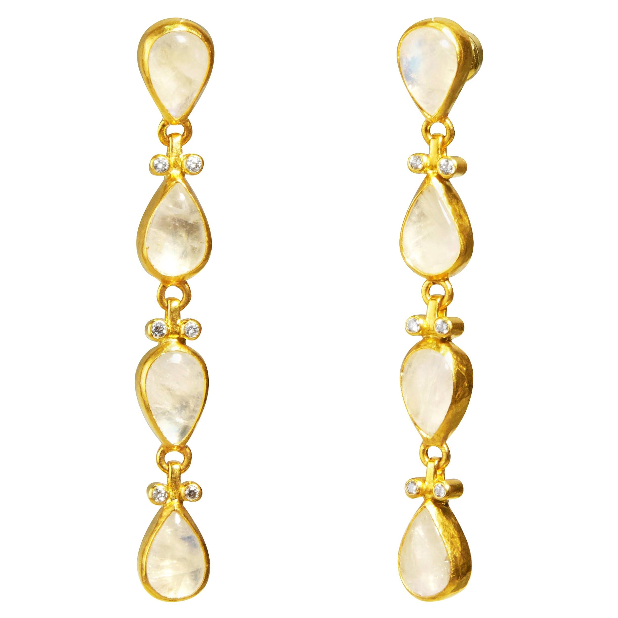 Gurhan 24 Karat Hammered Yellow Gold and Diamond Rainbow Moonstone Drop Earrings For Sale