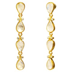 Gurhan 24 Karat Hammered Yellow Gold and Diamond Rainbow Moonstone Drop Earrings