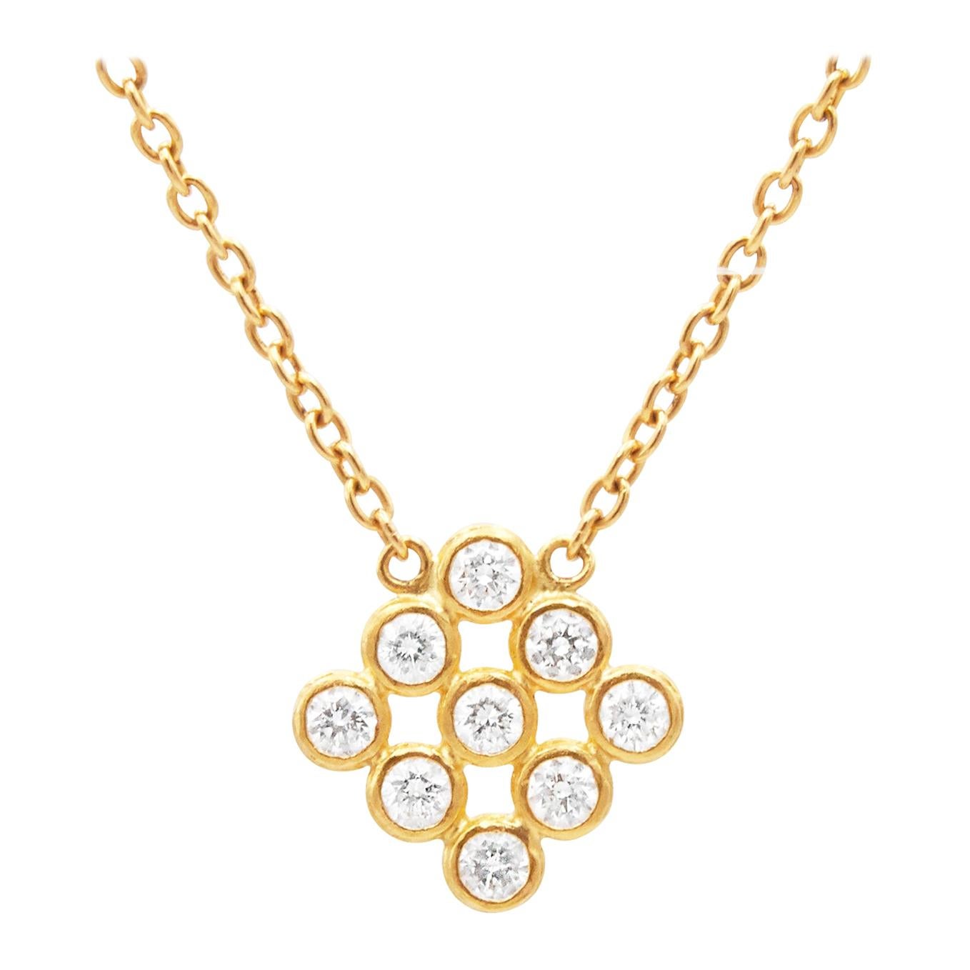 Gurhan 24 Karat Hammered Yellow Gold and White Diamond Cluster Pendant Necklace For Sale