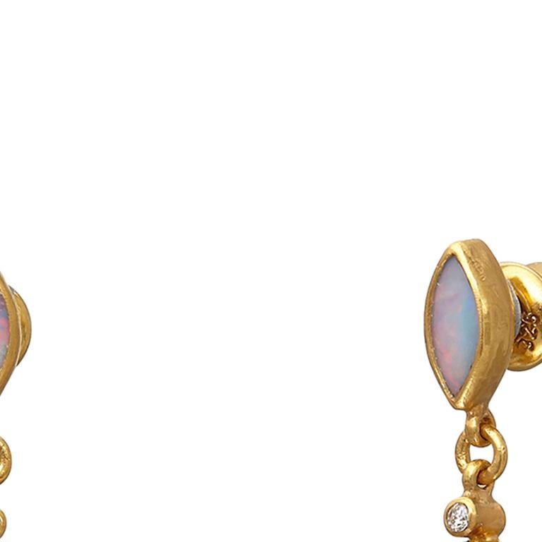 GURHAN 24 Karat hammered yellow gold Wisteria linear drop earrings featuring (12) marquise shaped cabochon Australian Opals, 2.21cts., and (4) 1.60mm brilliant cut white diamonds, 0.072cts. 1.44