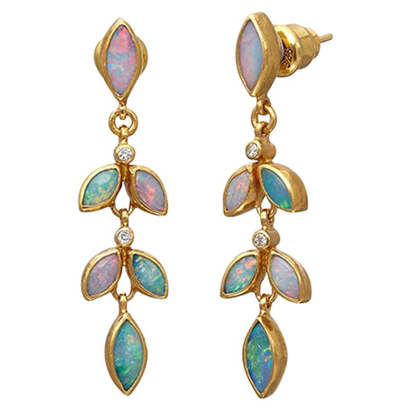 Gurhan 24 Karat Hammered Yellow Gold Australian Opal and Diamond Earring For Sale