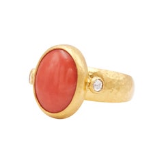 GURHAN 24 Karat Hammered Yellow Gold Cabochon Coral and Diamond Cocktail Ring