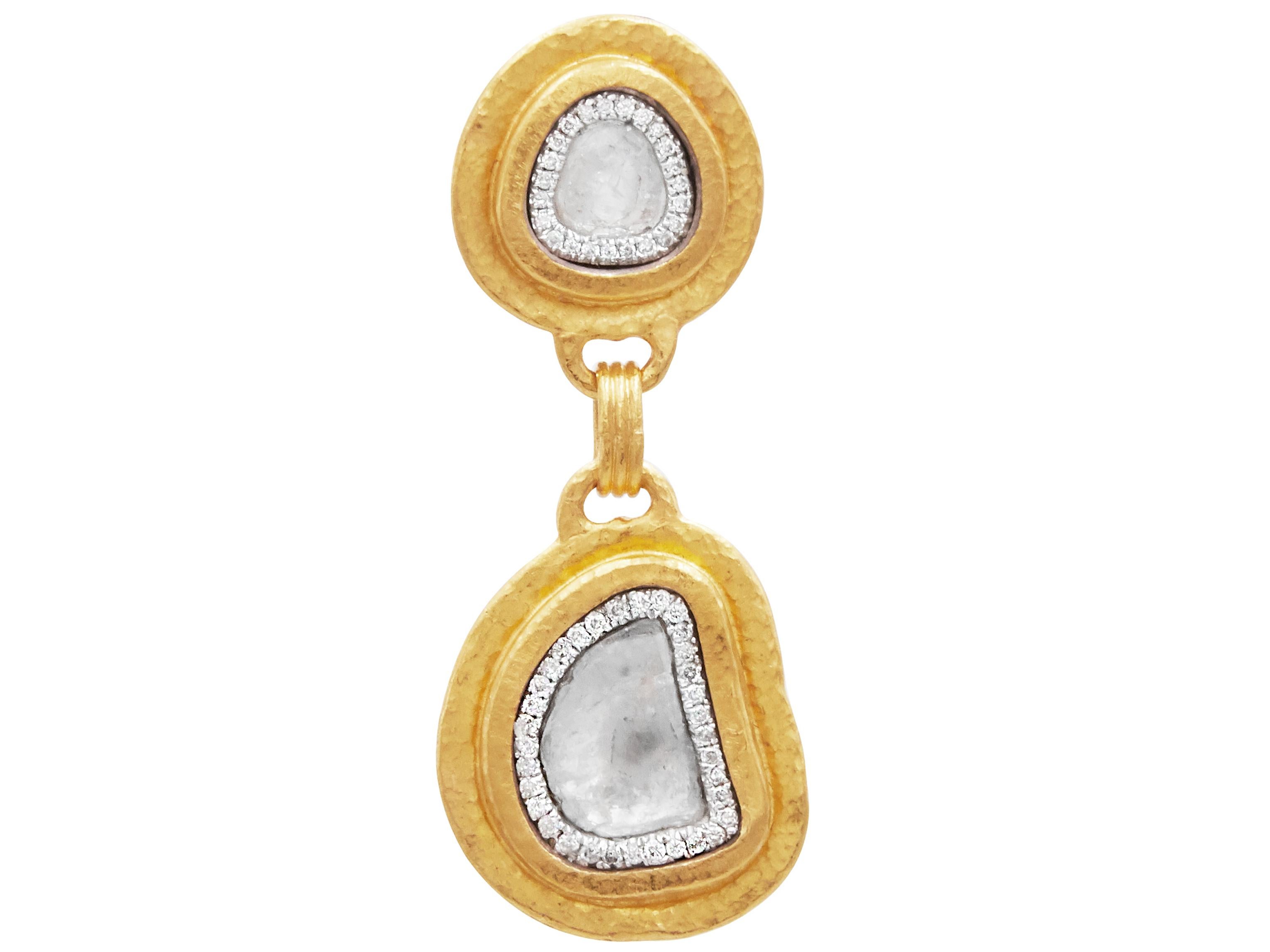 GURHAN one-of-a-kind double drop 24 Karat hammered yellow gold clip post earrings featuring two diamond slices surrounded by white pave diamonds. 1.70