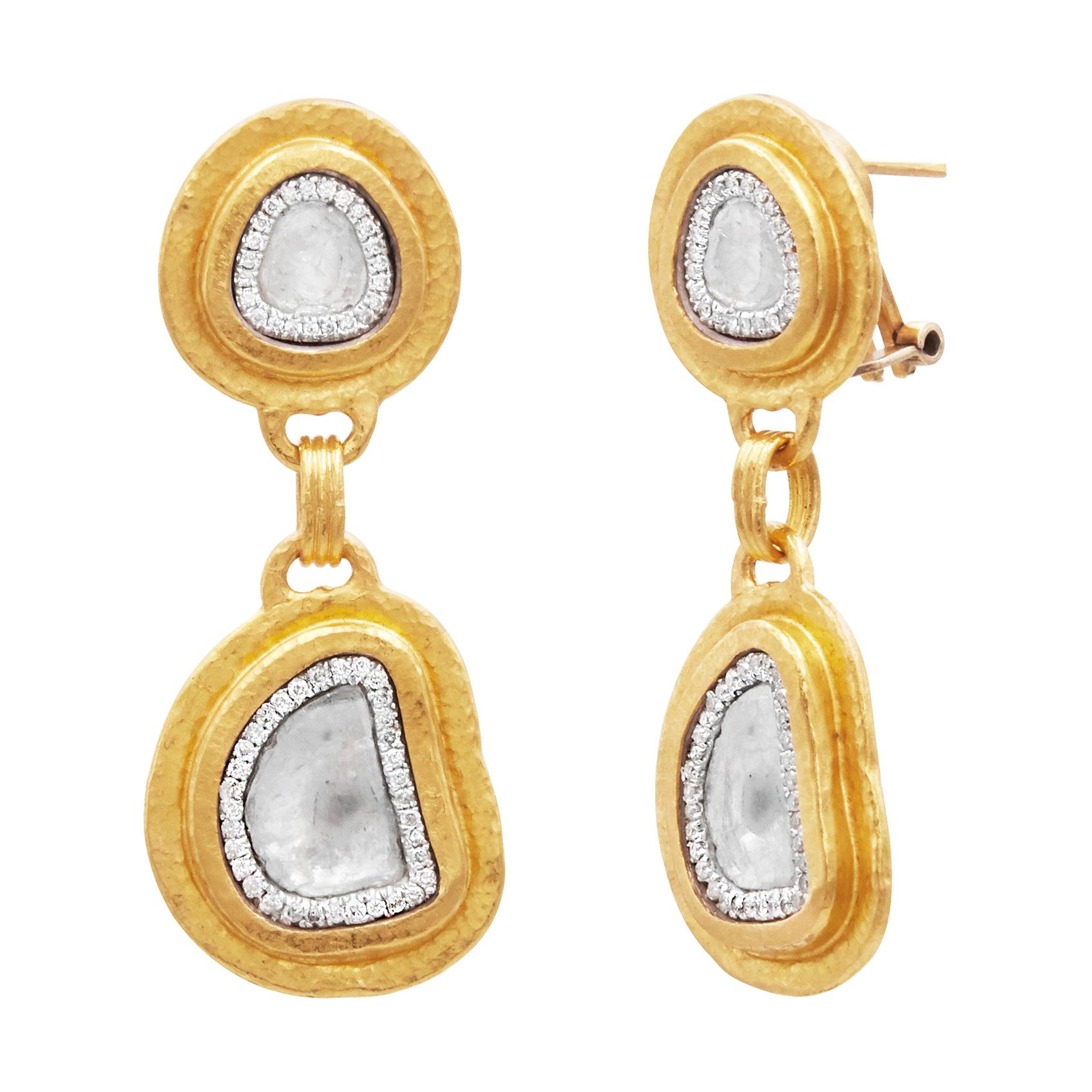 Gurhan 24 Karat Hammered Yellow Gold Double Drop Diamond Slice Clip Post Earring For Sale