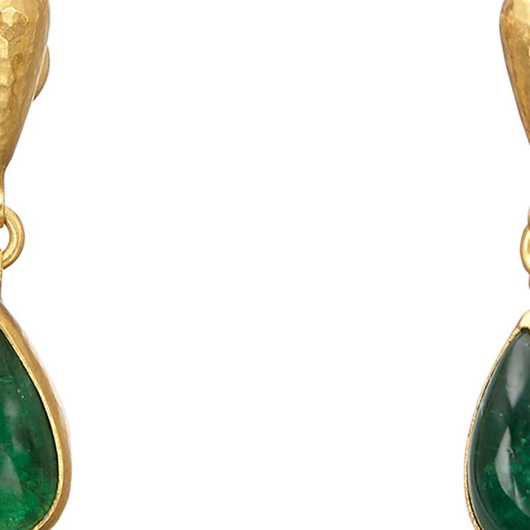Pear Cut Gurhan 24 Karat Hammered Yellow Gold Emerald Drop Earrings For Sale