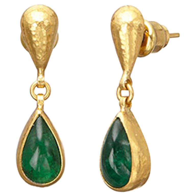 Gurhan 24 Karat Hammered Yellow Gold Emerald Drop Earrings For Sale