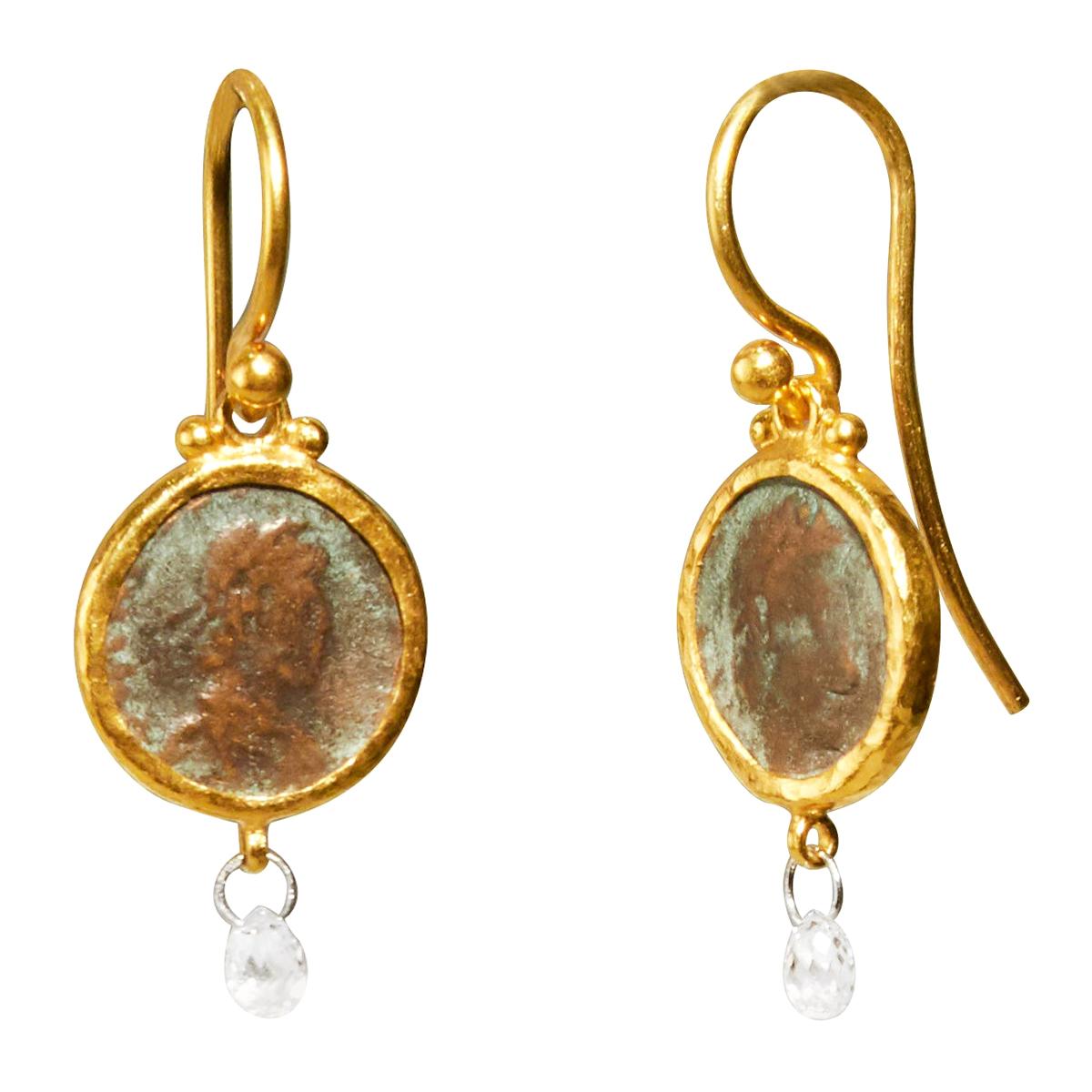 Gurhan 24 Karat Hammered Yellow Gold Roman Coin and Diamond Brio Drop Earrings For Sale