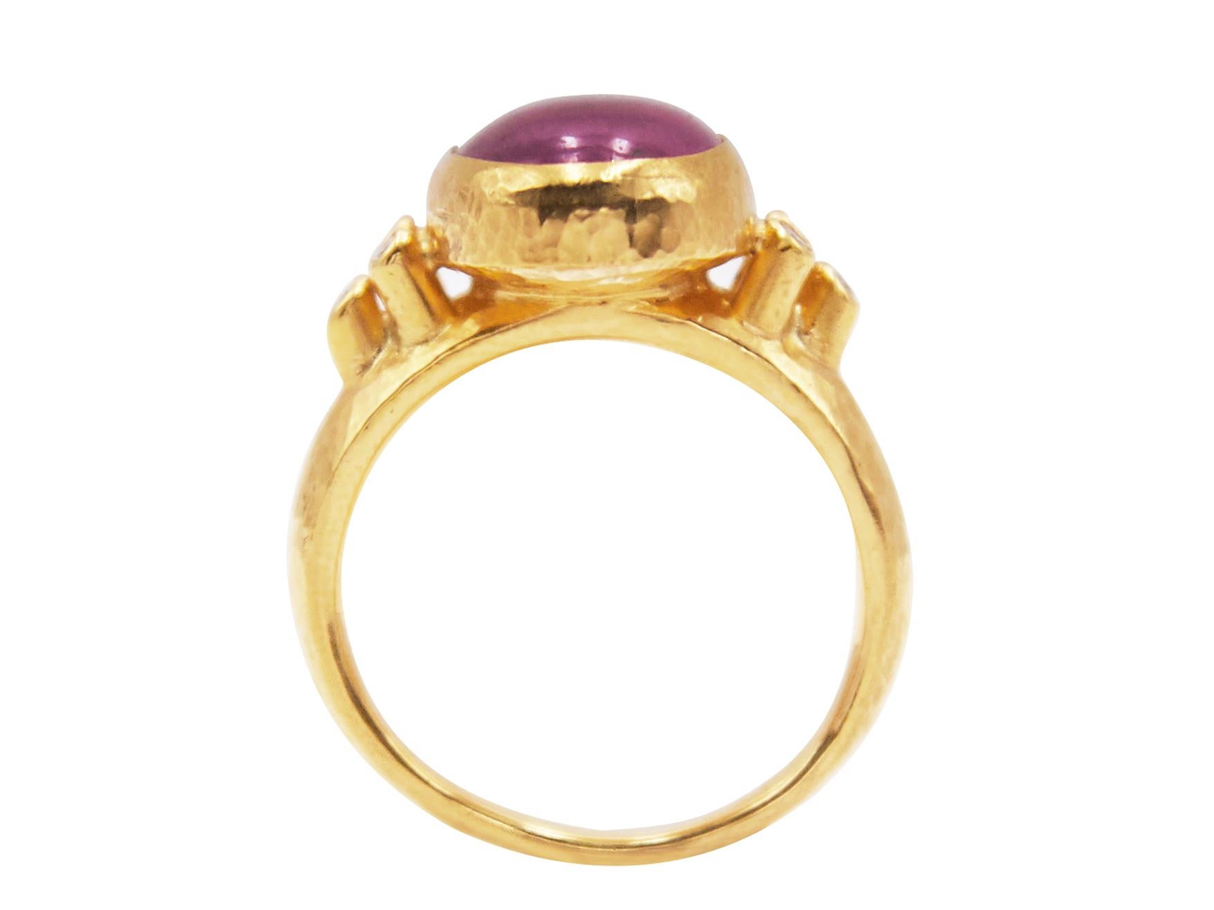 Contemporary GURHAN 24 Karat Hammered Yellow Gold Ruby Cabochon and Diamond Cocktail Ring For Sale