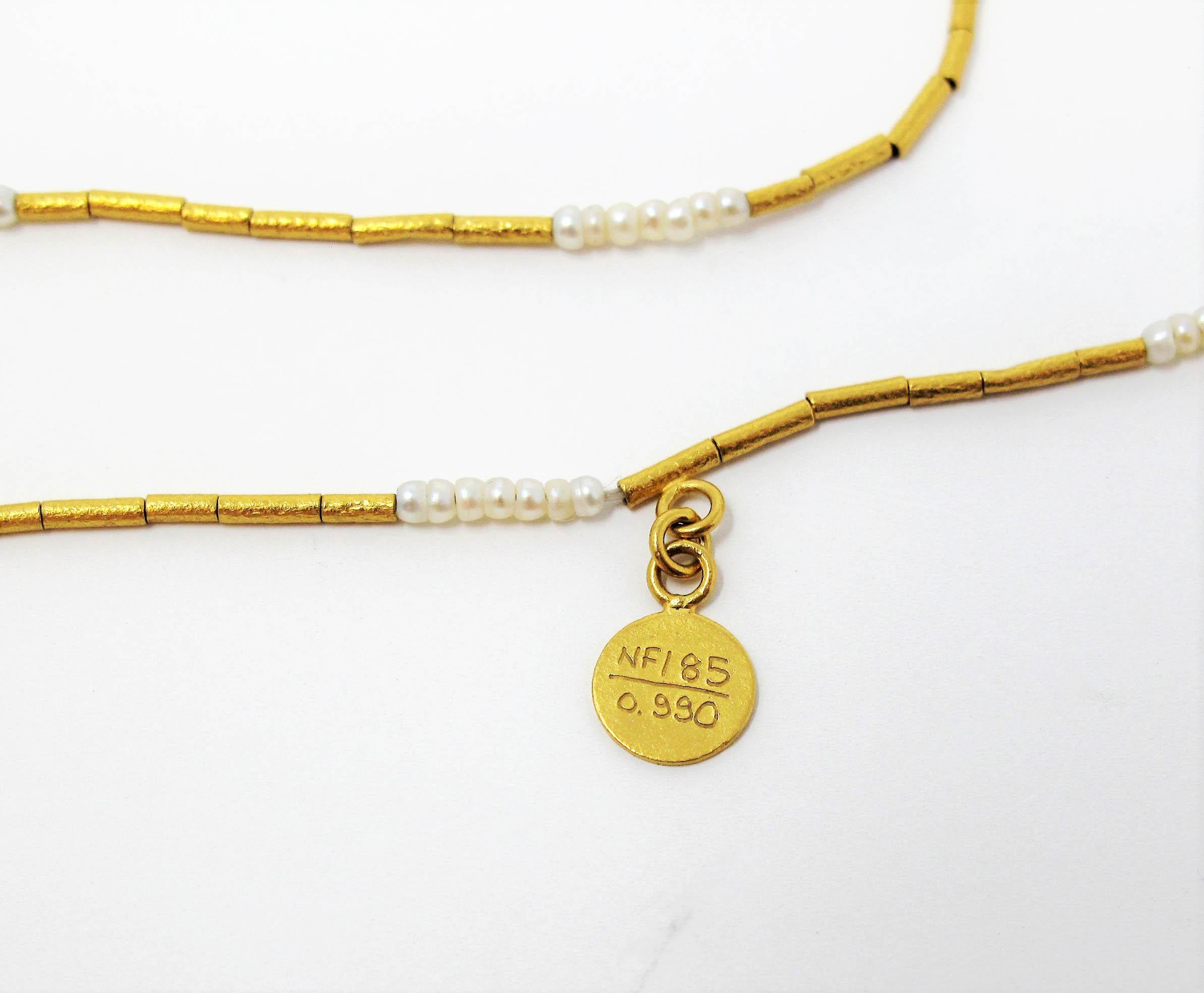 Women's Gurhan 24 Karat Hammered Yellow Gold Seed Pearl Beaded Station Necklace