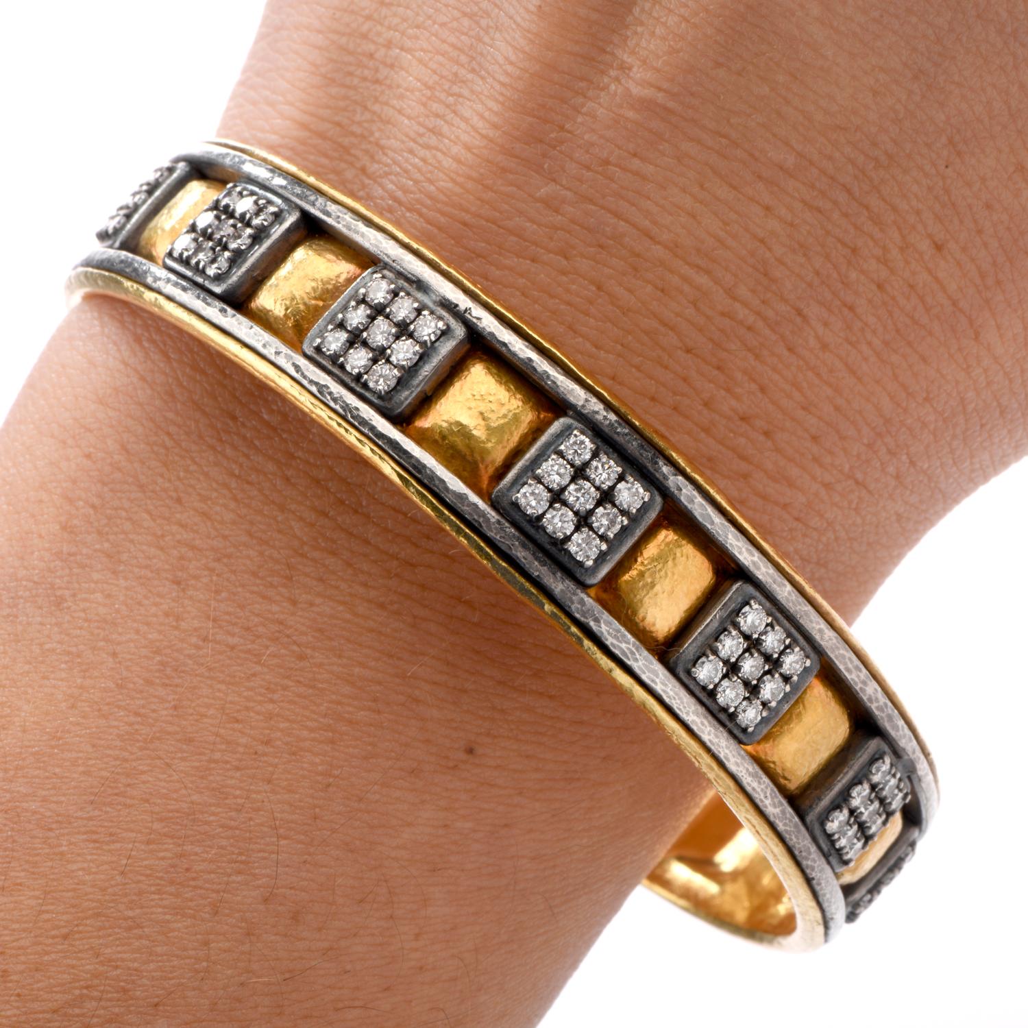 Incredible artistry by Gurhan that created this stunning hand made Diamond Bangle bracelet in solid 

24 karat pure gold with some silver.

Alternating squares of pure gold and diamond patterns adorn

the facade.  Each diamond pattern consists of 9