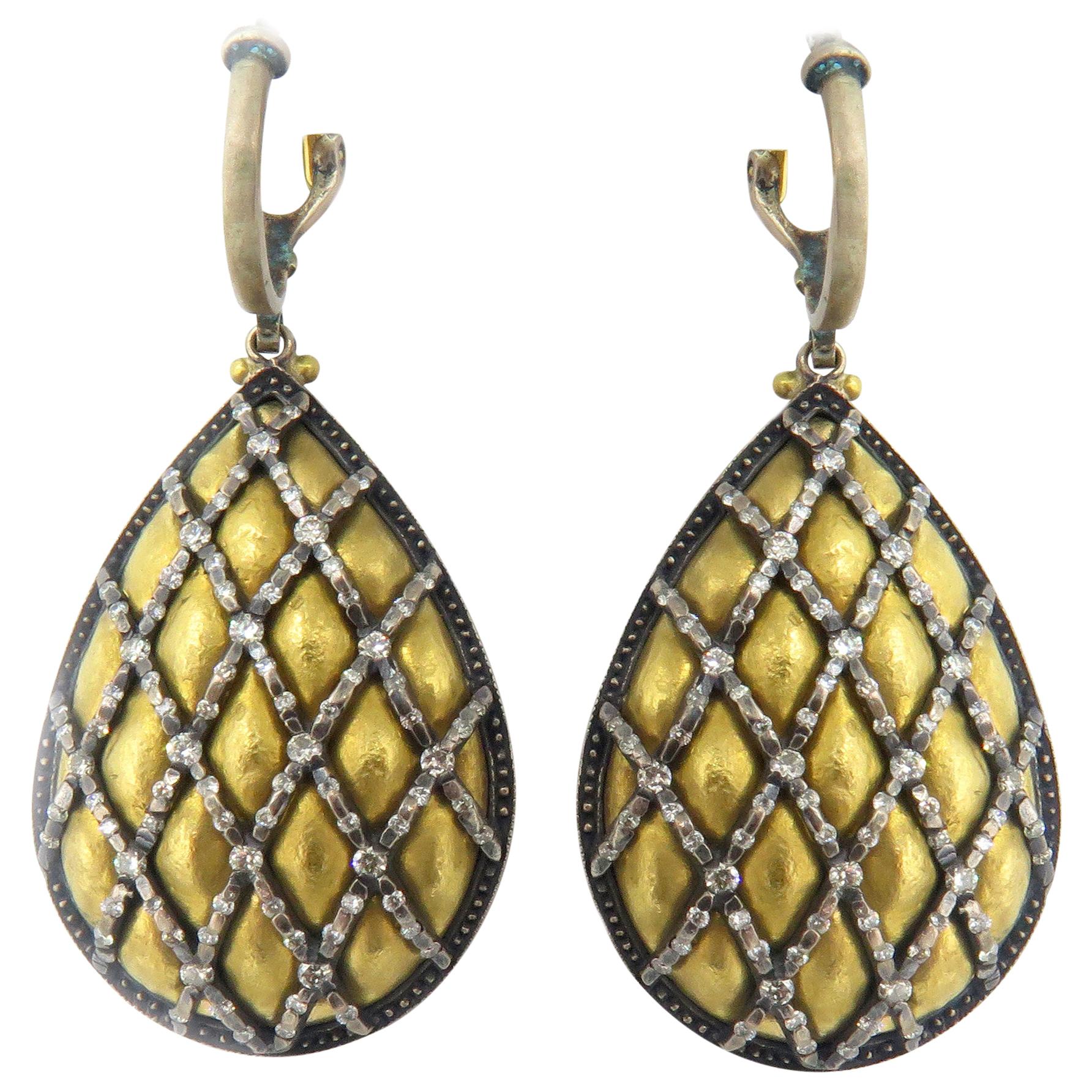 Gurhan 24 Karat Solid Yellow Gold and Silver Dangle Drop Earrings For Sale