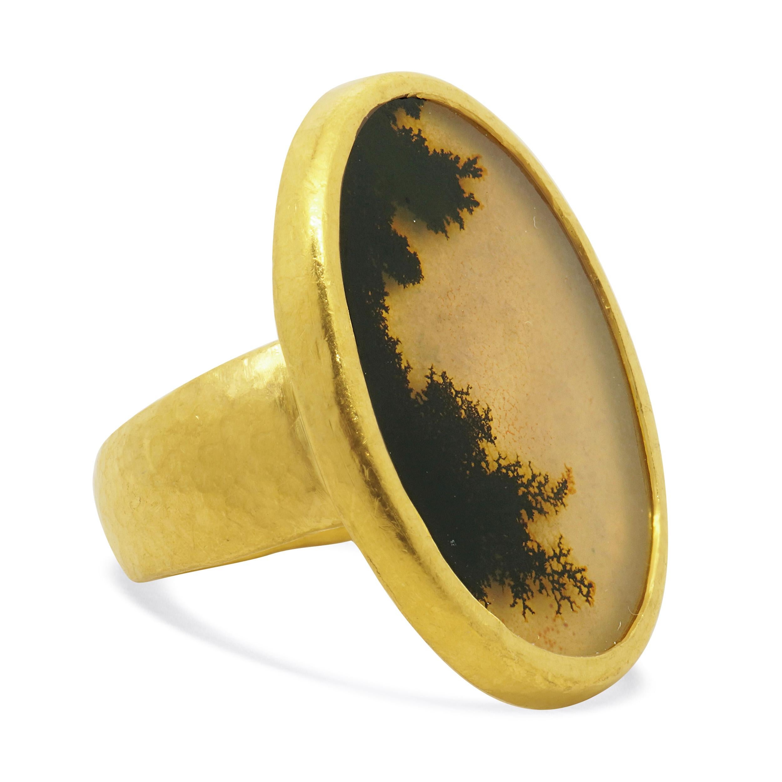 Gurhan 24 Karat Gelbgold Dendritischer Quarzring (Ovalschliff) im Angebot