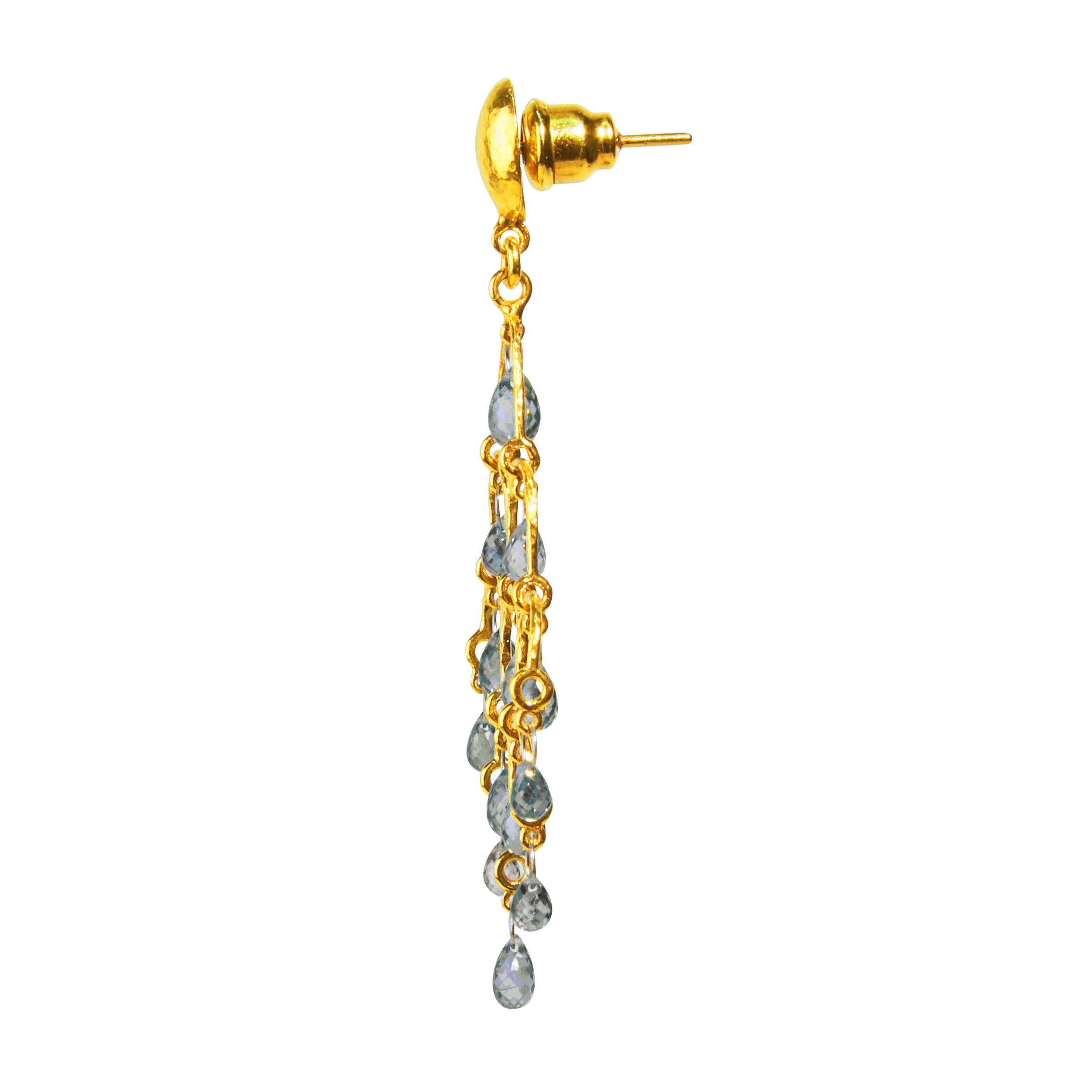 GURHAN 22 Karat hammered yellow gold Delicate Dew chandelier earrings featuring faceted, Blue Fancy Sapphire briolettes, 8.25cts. 2.3” total length with 9x7mm oval lentil top in 24K hammered gold and 18K Gold post and Vermeil backing.