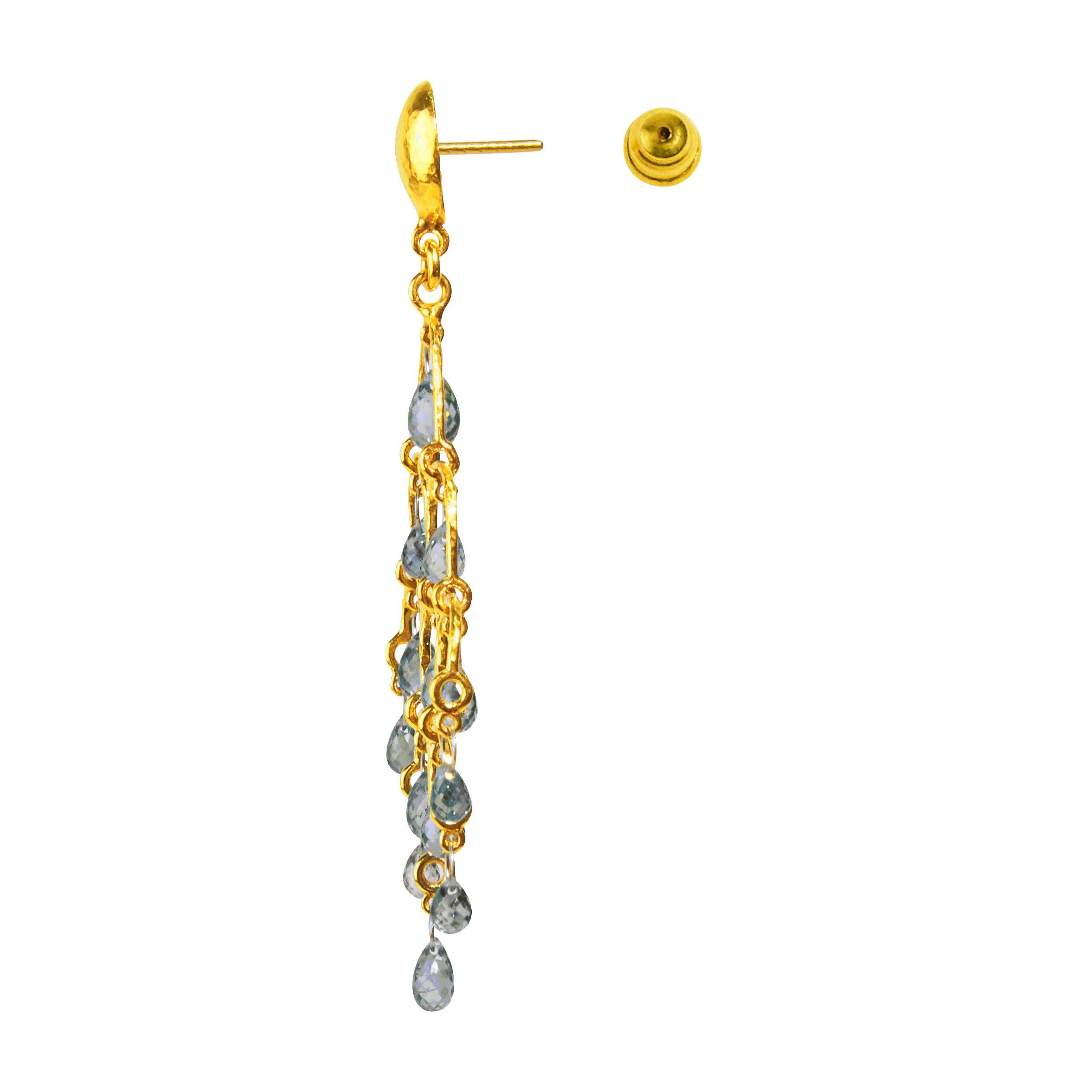 Briolette Cut GURHAN 22-24 Karat Hammered Yellow Gold Blue Sapphire Chandelier Earrings For Sale