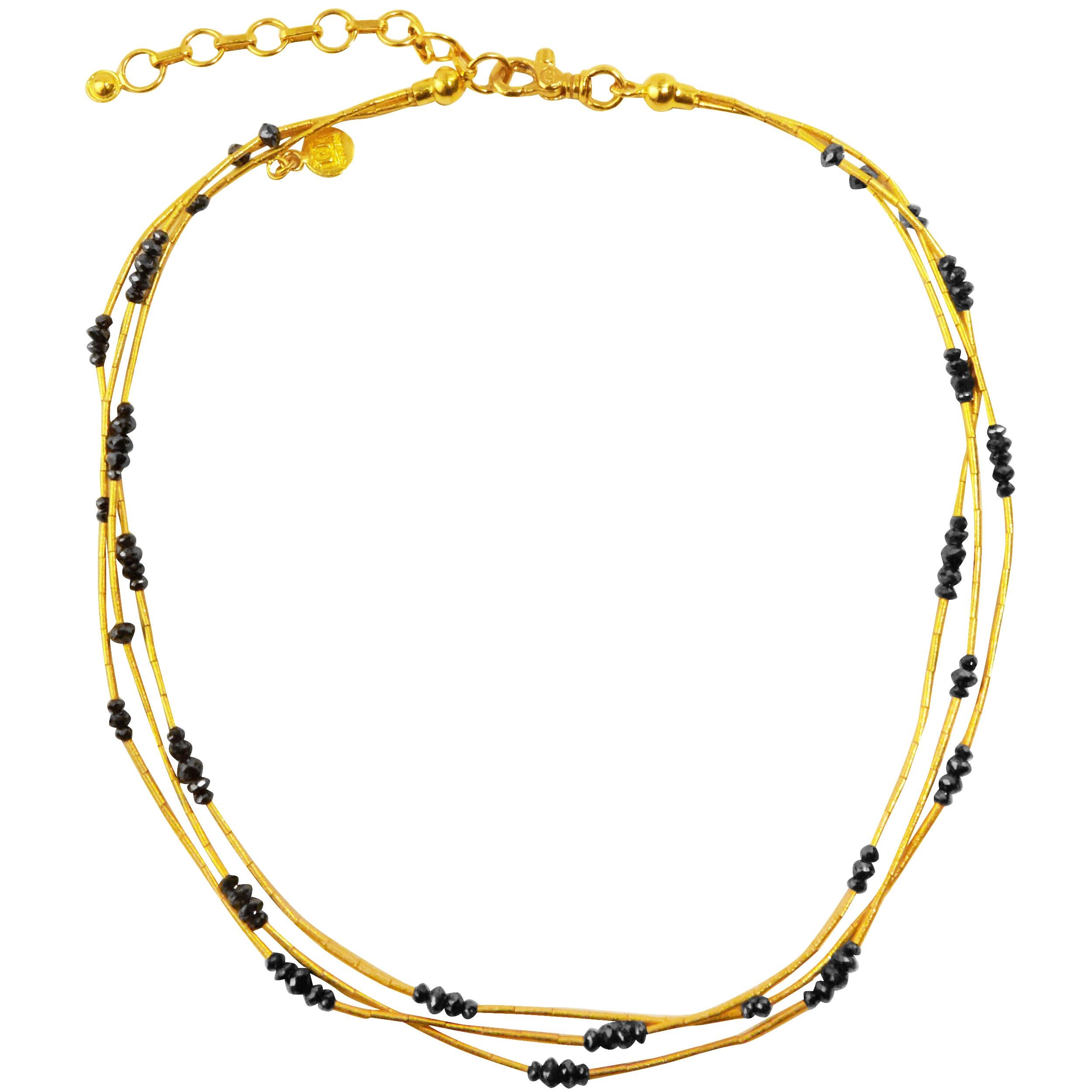 GURHAN Delicate Rain triple strand multi cluster station necklace in 24 Karat yellow gold featuring mixed sized black diamond beads, 14.00cts. 16-18