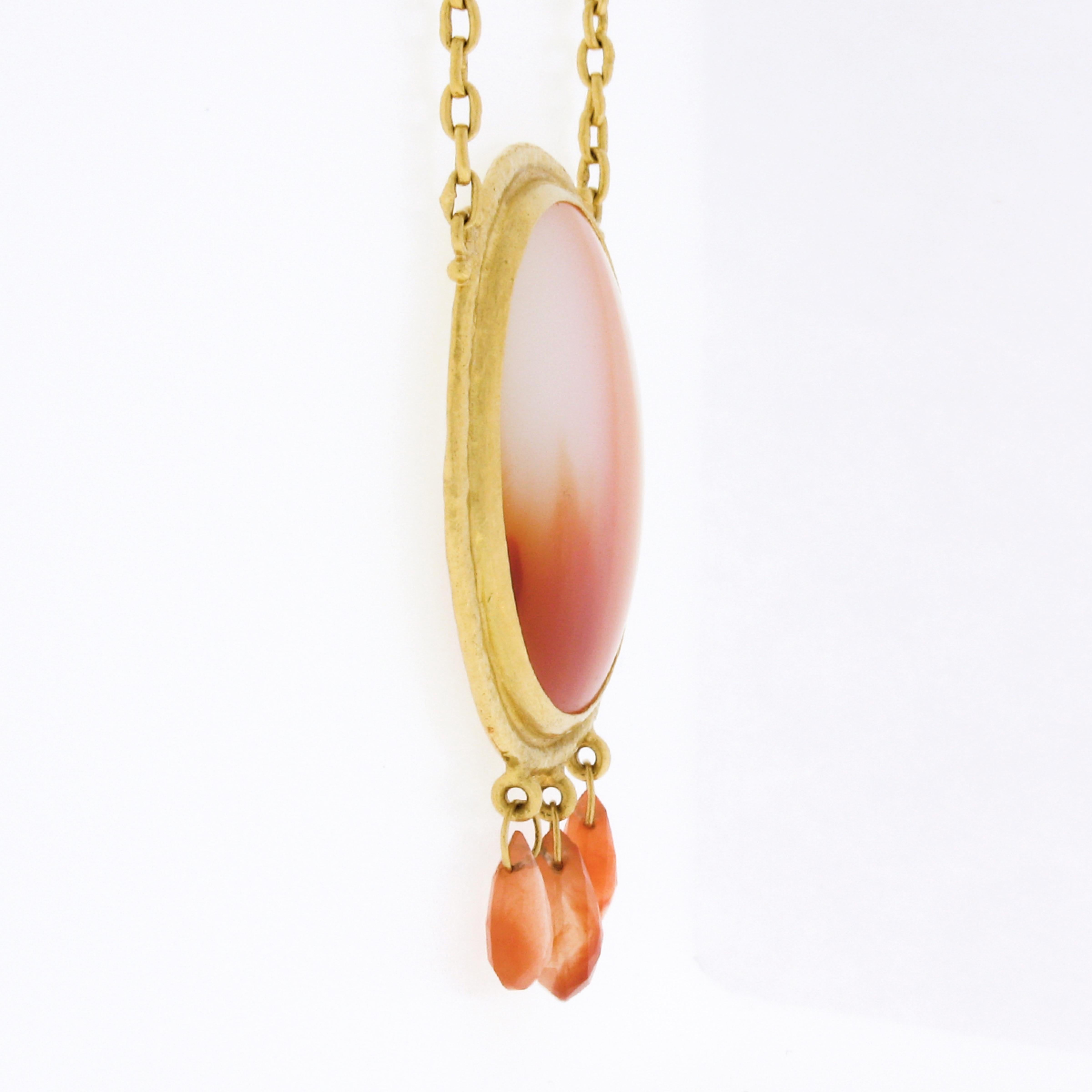 Round Cut Gurhan 24k Gold Orange White Banded Cabochon Agate Faceted Dangle Pendant Chain For Sale