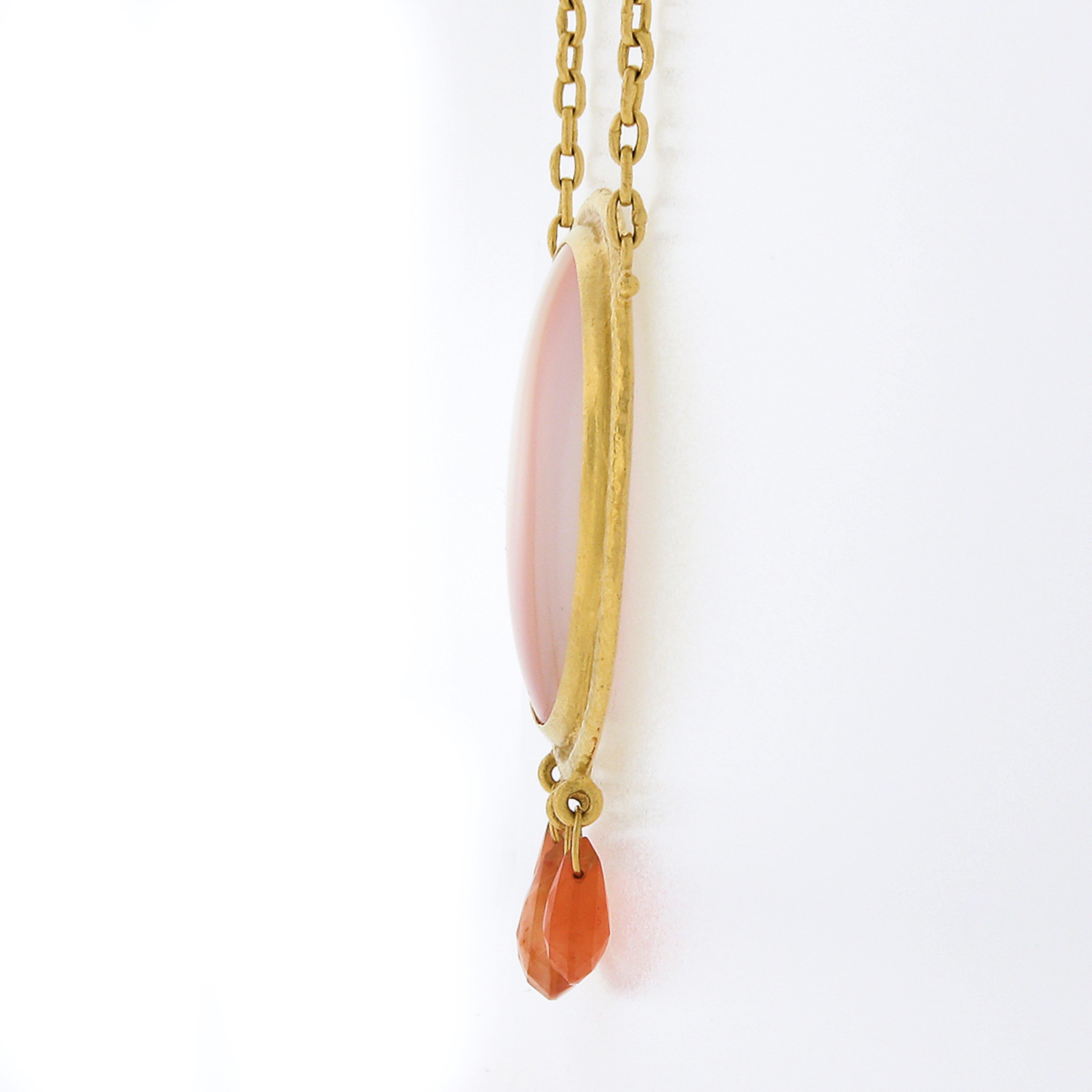 Gurhan 24k Gold Orange White Banded Cabochon Agate Faceted Dangle Pendant Chain In Good Condition For Sale In Montclair, NJ